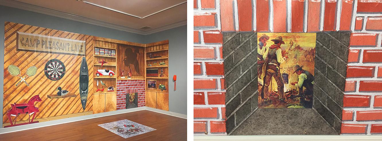 left) The Forest Room, 2018, mixed media work printed on vinyl, 115" x 275" with found object (orange Slimline telephone) and Construction Zone (vinyl floor print), 50" x 50". Right: detail view