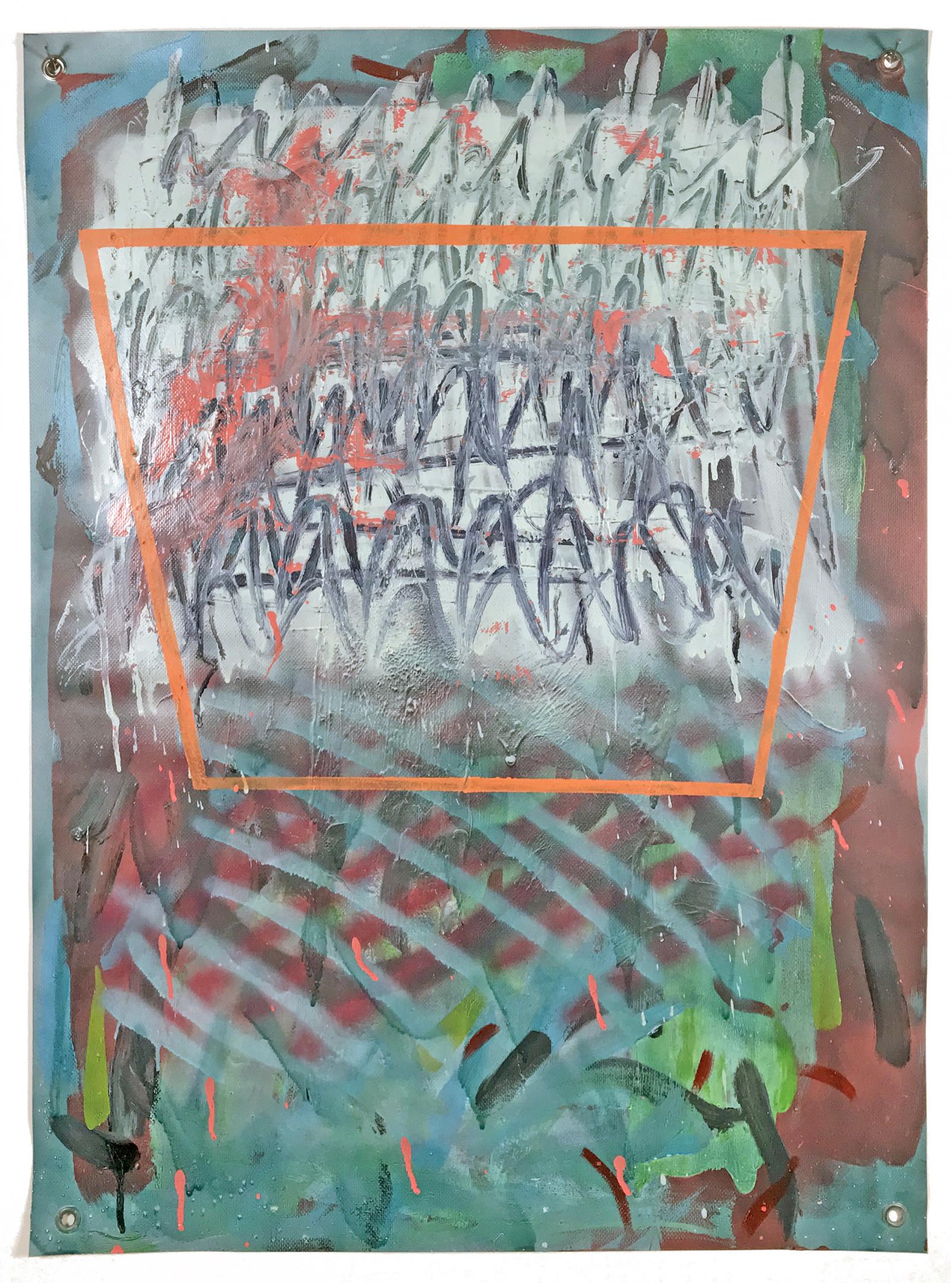 Intervals is a body of work by Lou Joseph produced since the birth of his son Gabe in 2017. Using recycled vinyl cut to 26 x 36 inch pieces, the artist worked on batches of paintings in his home studio, the process of working on the paintings in layers fit into the times in between child care, family time, employment and housework. This at times erratic process was only exacerbated by the ongoing pandemic and working from home. While not a literal, day-by-day documentation of this time, the accumulated works (approximately 150 paintings to date) relay a sense of the fun, lack of sleep, mental health struggles, worry over the pandemic/the united states/climate change/etc and personal growth during this time.