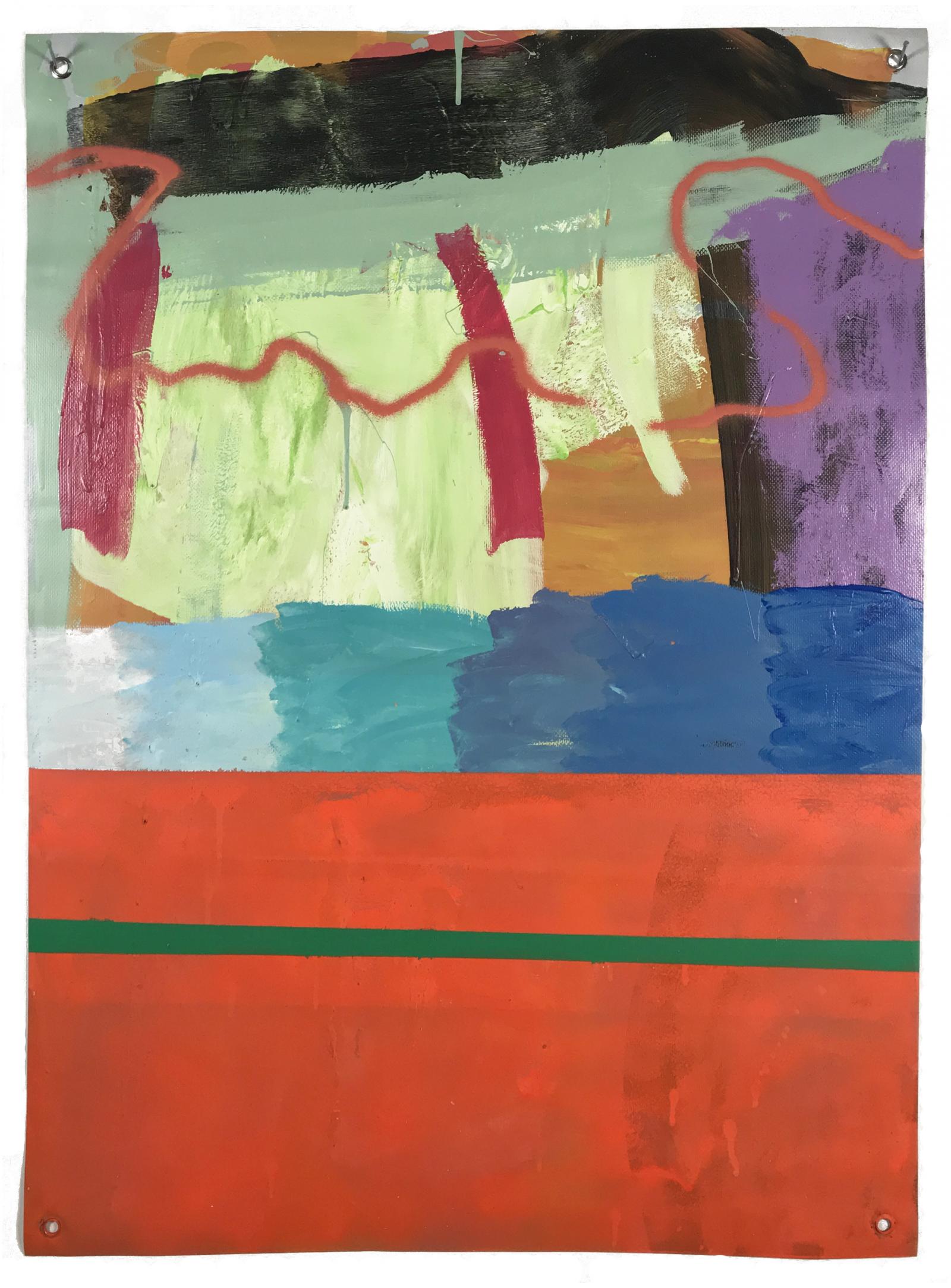 Intervals is a body of work by Lou Joseph produced since the birth of his son Gabe in 2017. Using recycled vinyl cut to 26 x 36 inch pieces, the artist worked on batches of paintings in his home studio, the process of working on the paintings in layers fit into the times in between child care, family time, employment and housework. This at times erratic process was only exacerbated by the ongoing pandemic and working from home. While not a literal, day-by-day documentation of this time, the accumulated works (approximately 150 paintings to date) relay a sense of the fun, lack of sleep, mental health struggles, worry over the pandemic/the united states/climate change/etc and personal growth during this time.