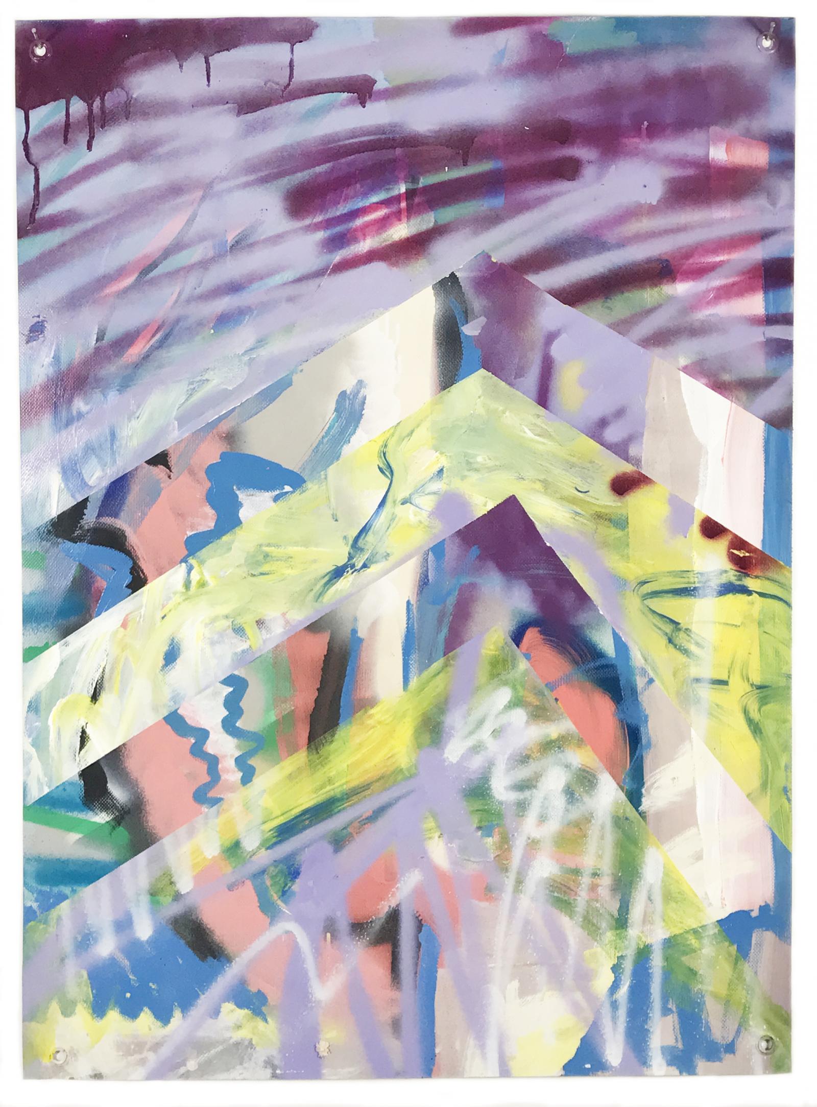 Intervals is a body of work by Lou Joseph produced since the birth of his son Gabe in 2017. Using recycled vinyl cut to 26 x 36 inch pieces, the artist worked on batches of paintings in his home studio, the process of working on the paintings in layers fit into the times in between child care, family time, employment and housework. This at times erratic process was only exacerbated by the ongoing pandemic and working from home. While not a literal, day-by-day documentation of this time, the accumulated works (approximately 150 paintings to date) relay a sense of the fun, lack of sleep, mental health struggles, worry over the pandemic/the united states/climate change/etc and personal growth during this time.