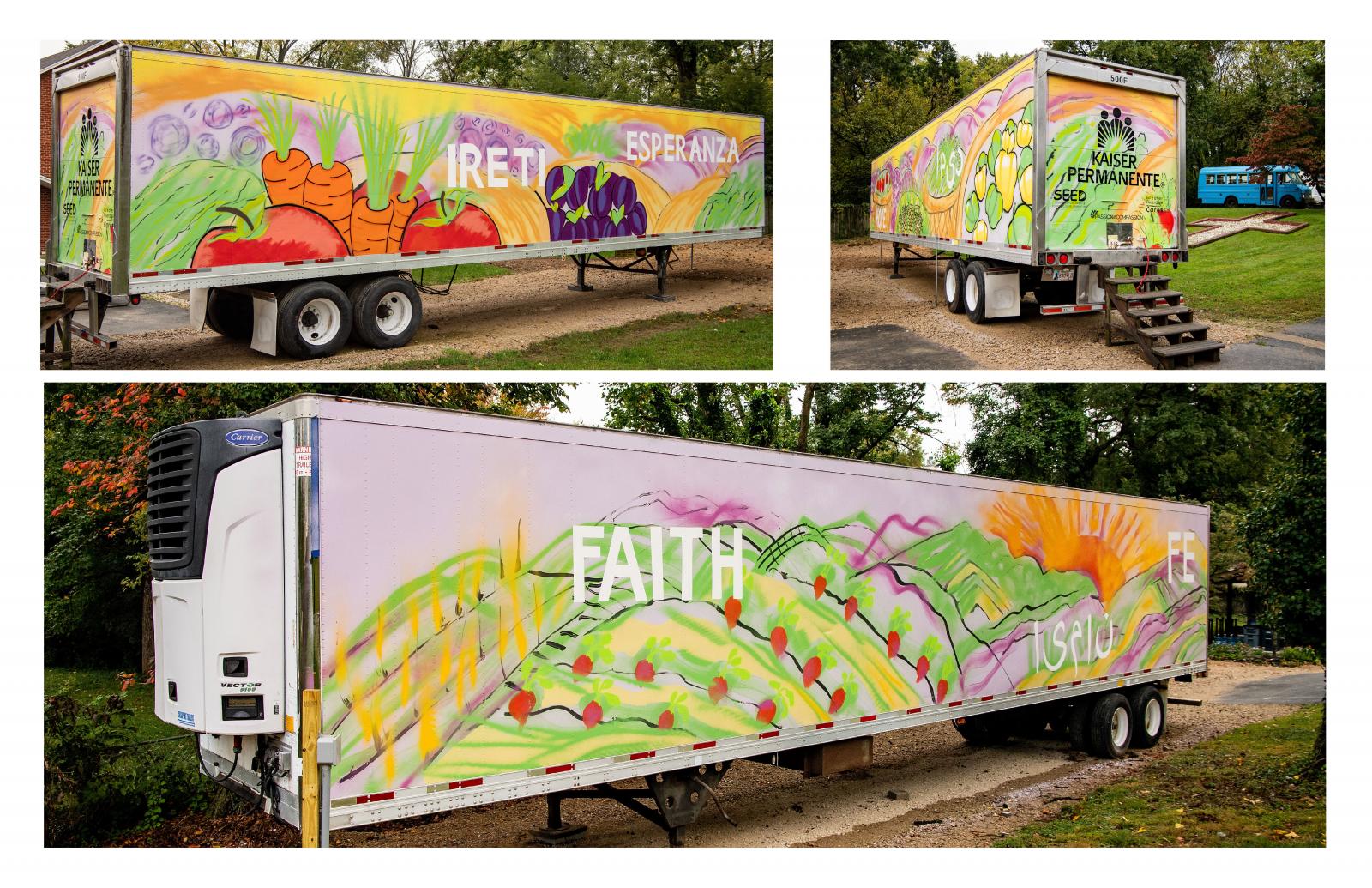 These collaboratively designed refrigerated trailers bring 10,000 pounds of food weekly to communities in Prince George's County. This project was made possible by Kaiser Permanente and Amy Gyau-Moyer, Senior Program Manager of Community Health, SEED and Lisa Butler McDougal President, Passion & Compassion and Pastor Ben Slye, and my wonderful team of artists including Walter "Tre" McDougal, Sarah Heerey, and Shenelle.