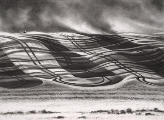Dramatic charcoal landscape of wheat fields after a harvester and plow have etched bands in opposite directions on the hillside. A tiny farm house on the hill helps one imagine the scale of this enormous landscape and tasks at hand. Dust blowing above depicts a powerful wind on this agrarian landscape.