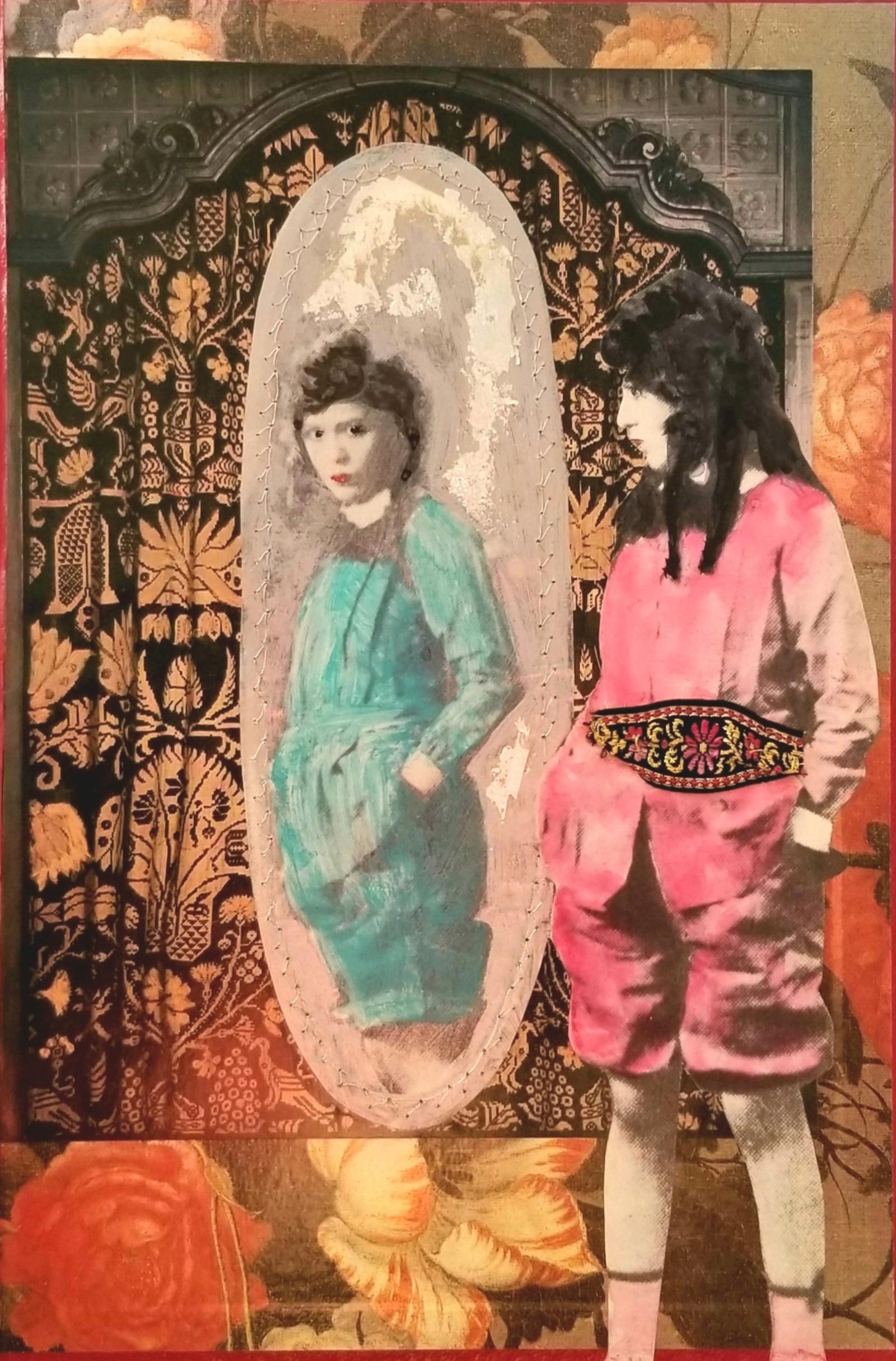 The image is a mixed media collage that has the figure of a woman looking at herself in the mirror. The person is dressed in pink while her reflection is dressed in blue. There is silver leaf as the mirror and there are layers of ornate patterns in the background. The work has been embellished with paint, thread, and ribbon.