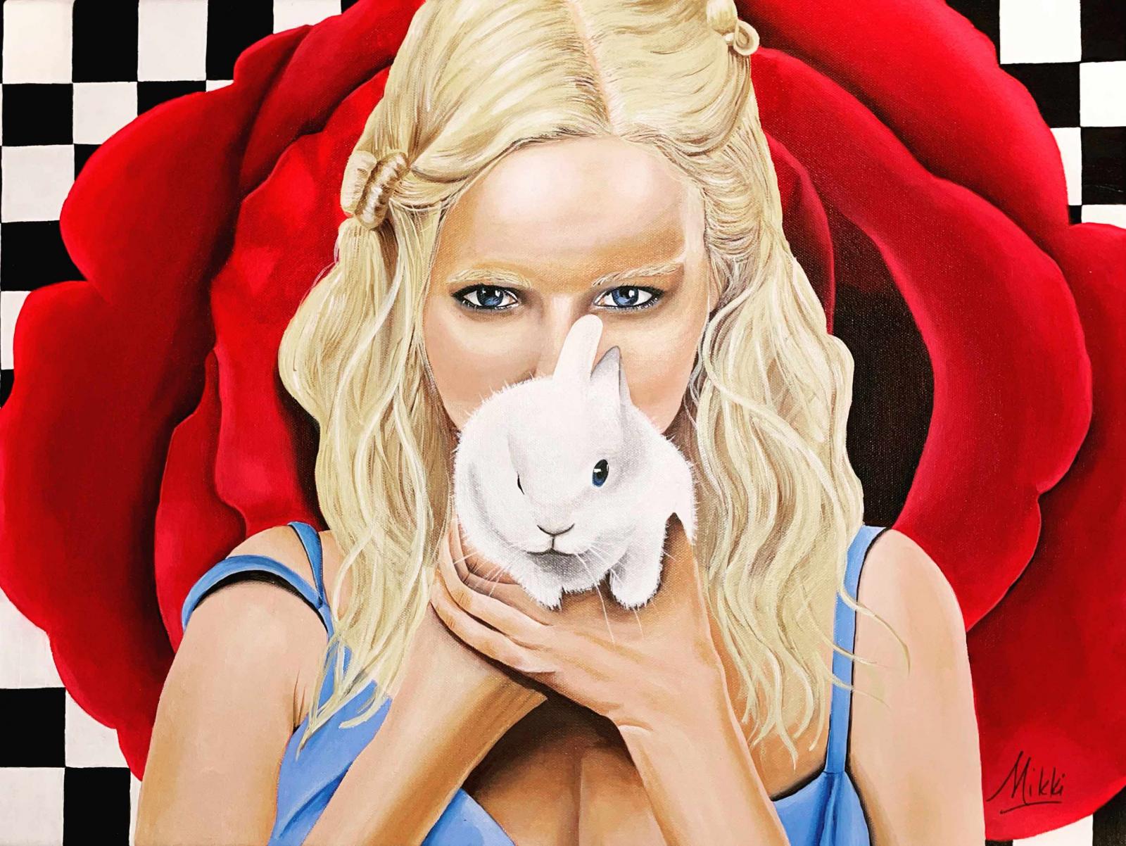 Alice has caught the white rabbit while in Wonderland. Original art.