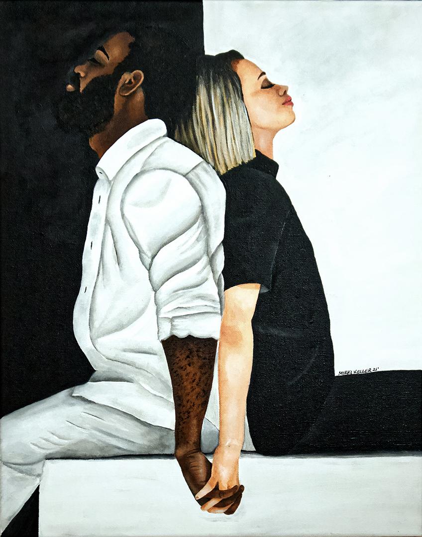 painting of interracial couple holding hands, one dressed in black the other in white