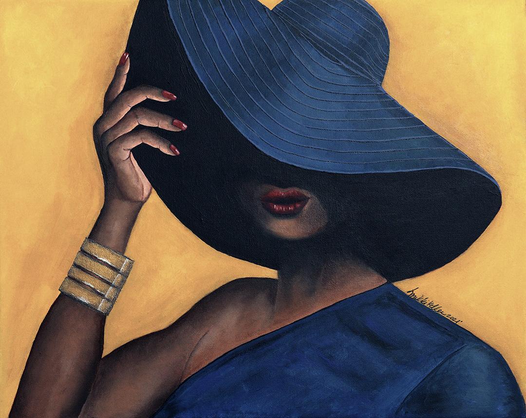 acrylic on canvas painting of fancy woman with blue hat and dress. SGRho stands for Sigma Gamma Rho Sorority inc. and is in the Divine 9.
