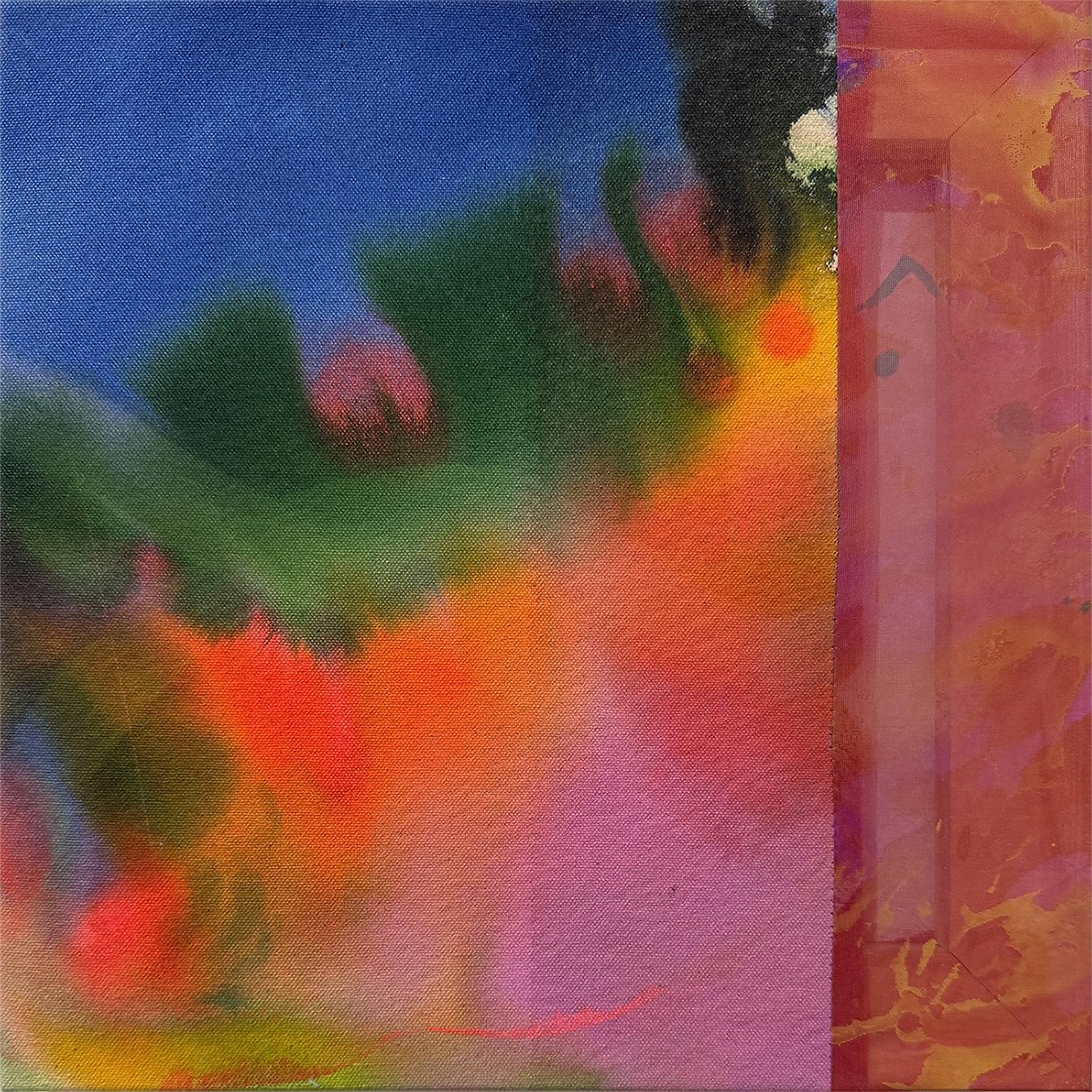 Abstract painting on combined canvas and sheer fabric