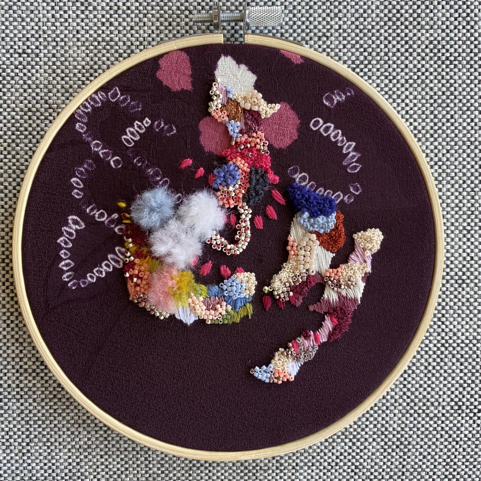 Hoop embroidery on found silk 