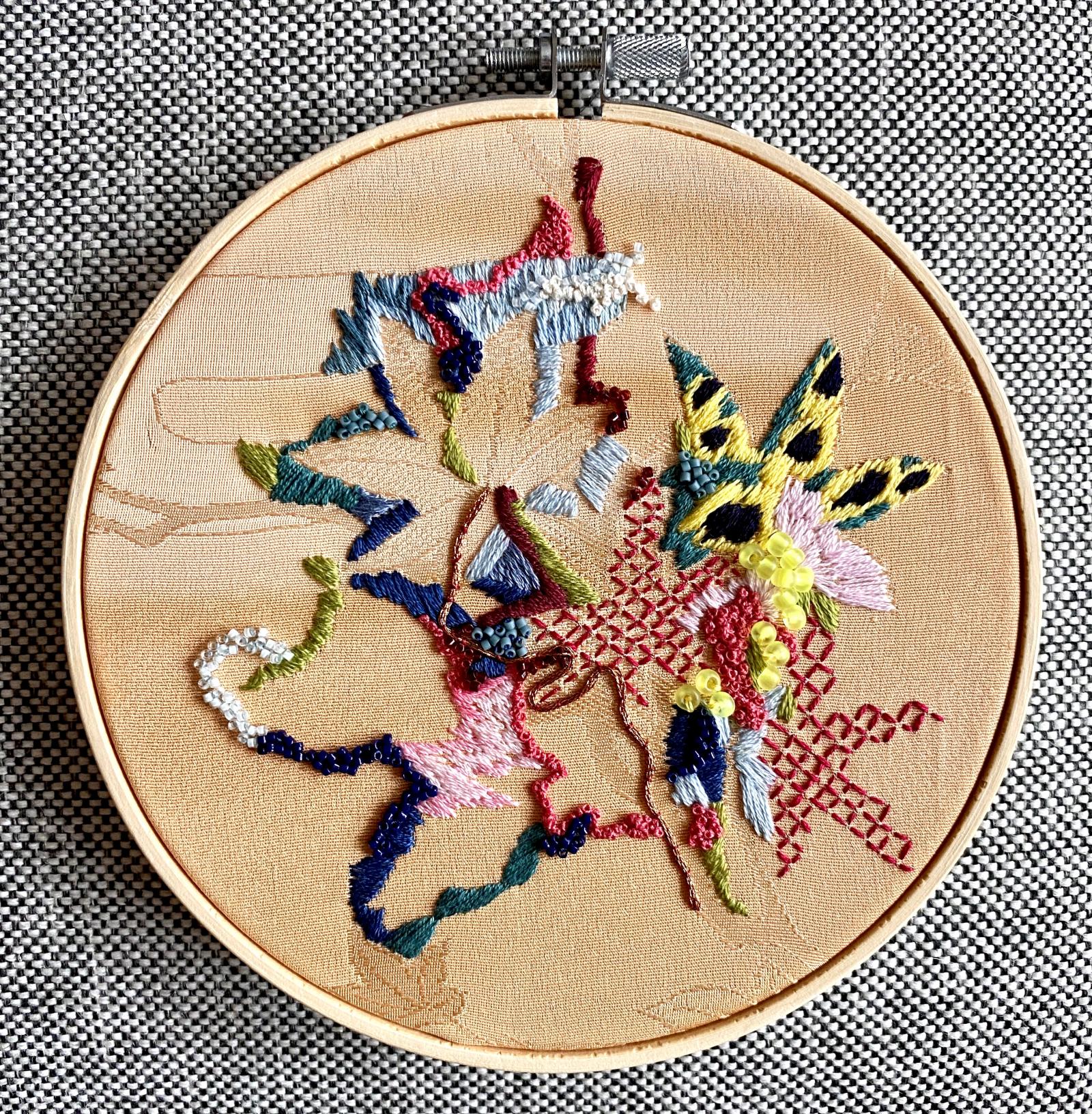 Hoop Embroidery on Found Fabric, 6 inches
