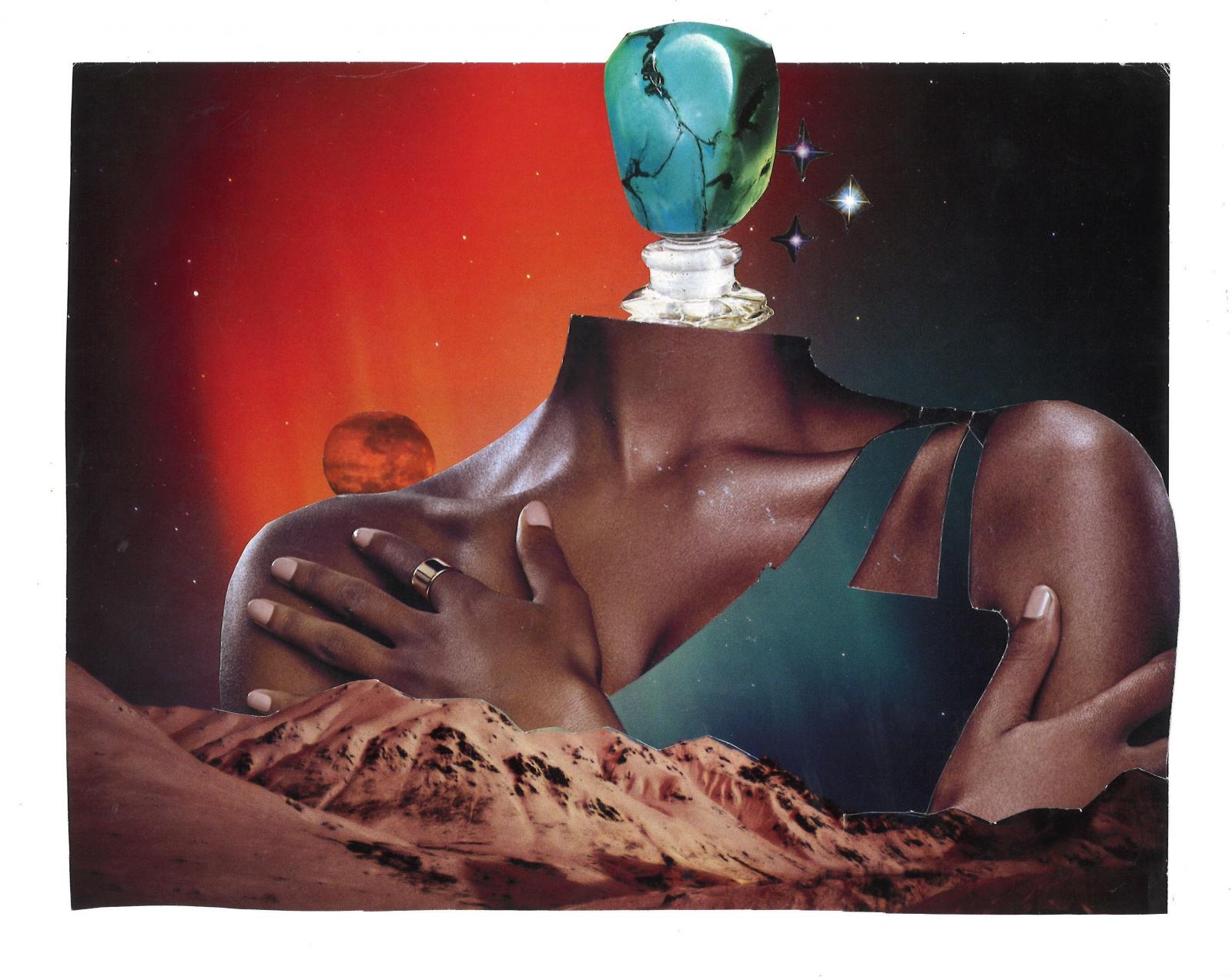 Just Look Over Your Shoulder was created as part of a one-word-prompt art challenge. The word “enchanted” inspired the selection of each cosmic magazine and calendar image clipped in the composition. A Black mountain goddess engages in a warm self-embrace; her hollowed-out shirt becomes a portal for earthly and ancestral connection.The moon provides a reassuring shoulder kiss to remind us of our oneness and belonging, that it will indeed come back around. The title of the piece is a nod to the Jackson 5 song, I’ll Be There. As heard in the outro, “just look over your shoulders, honey, I”ll be there”.