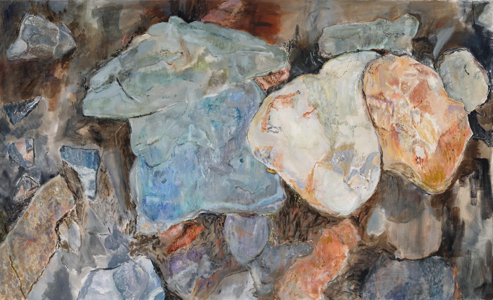 This abstract oil painting, "Kinetic Shale," focuses on three images of rocks arranged on the canvas so they appear to fly. The artist uses multiple layers of paint, using subtle variations of blue, green, orange, and white to capture the translucent nature of the stones. The work is based on rocks at the bank of the 18-Mile Creek, running through Chestnut Ridge Park, located in the town of Orchard Park, NY.

