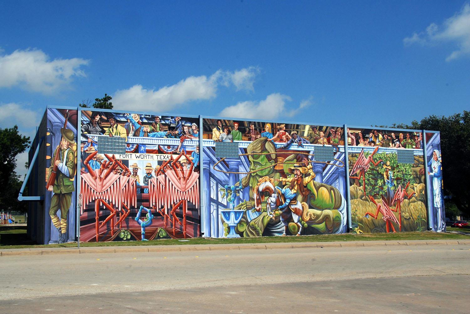 Love Story is a mural created in Fort Worth, TX about two puppets, a gymnast and a cowboy, falling in love.