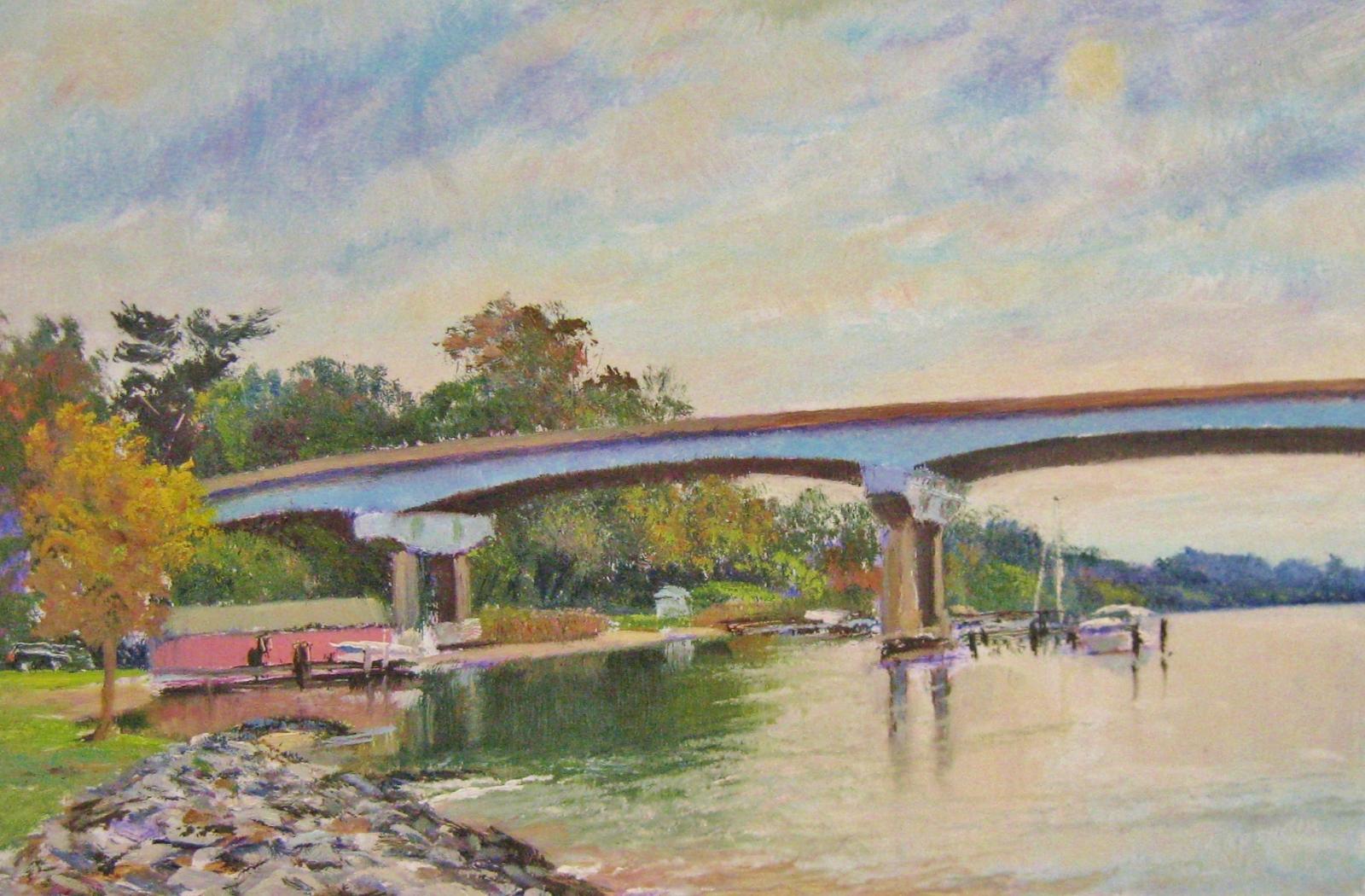 A painting of a section of the Severn River bridge, with shoreline in the foreground.