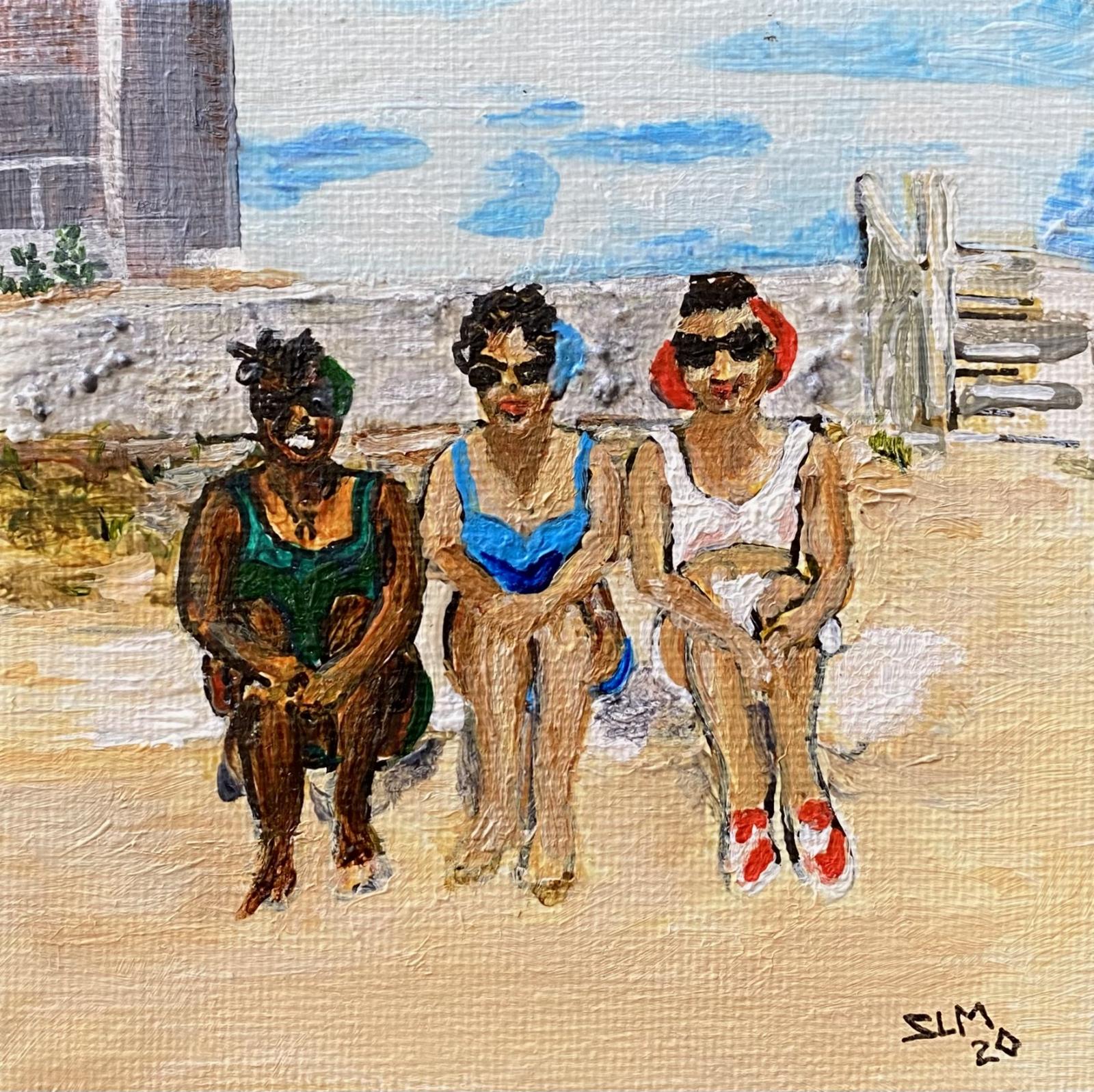 This painting is a part of a series I am doing from thousands of photos I inherited from my Mother. The scene depicts a moment on the beach at Longview Beach Club, in southern Maryland, a privately-owned property exclusively for/by African-Americans. I spent most of my summers there enjoying the many events, from regattas to crab and clam bakes. This miniature painting is inspired by a photo depicting my mom, aunt, and a family friend "posing". As a part of the first Desegregation generation in the U.S., my series focuses on my childhood and family memories.
The painting was exhibited at the Miniature Painters, Sculptors & Gravers Society exhibition at the Strathmore Mansion (Rockville, MD).