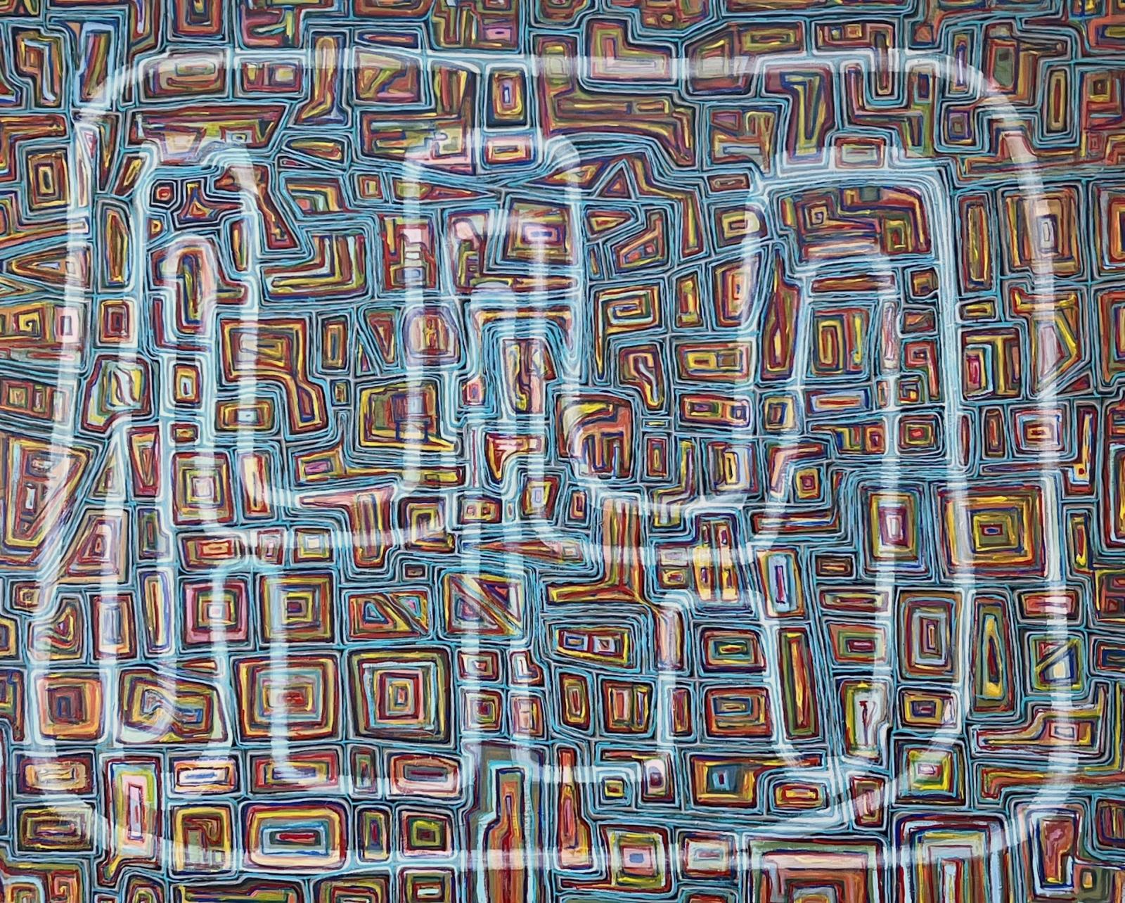 Abstraction dealing with the formal properties of painting. The image suggests that our ancestors have travelled a path over a landscape that are our memories.