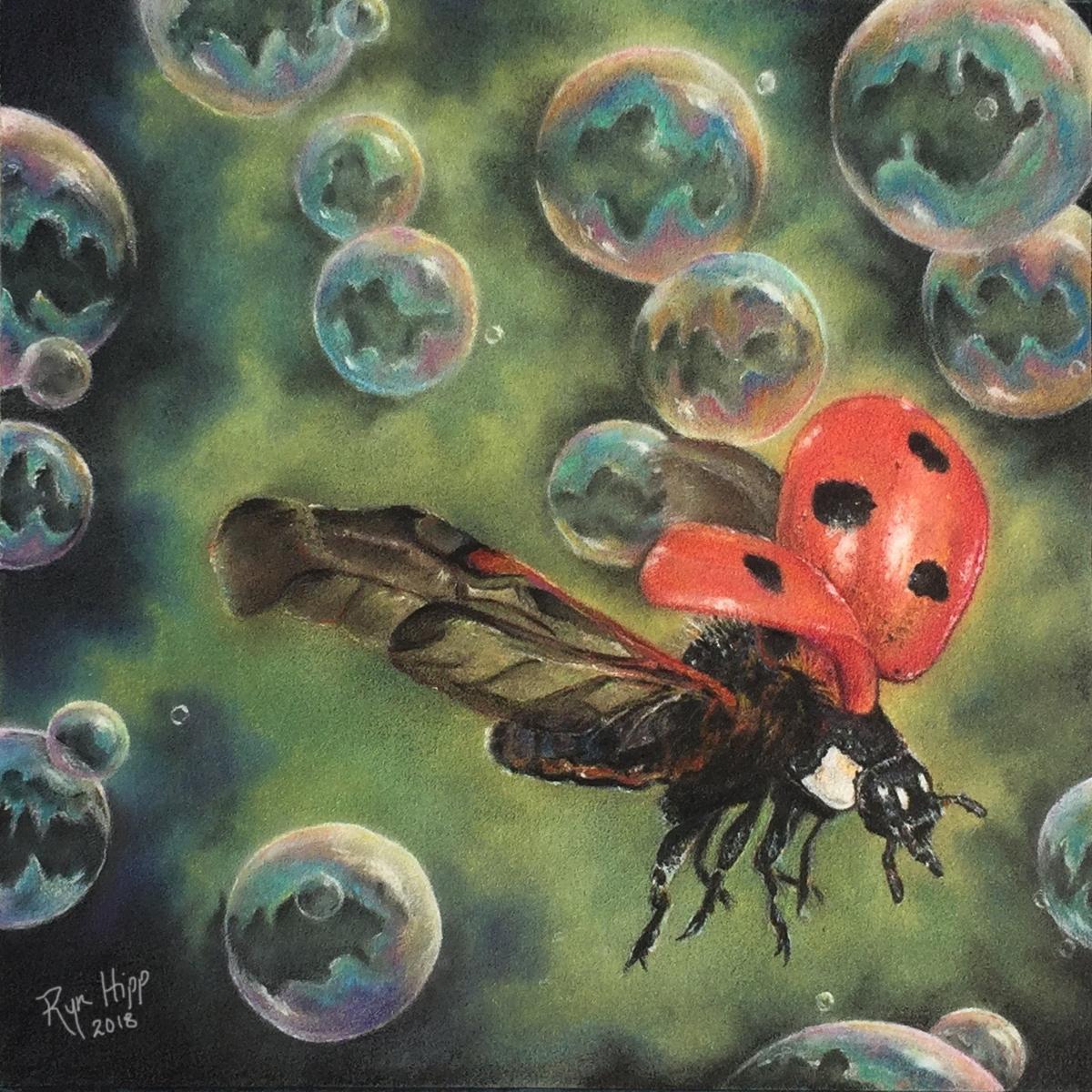 This is a colored pencil drawing of a ladybug in flight amidst a cluster of soap bubbles.