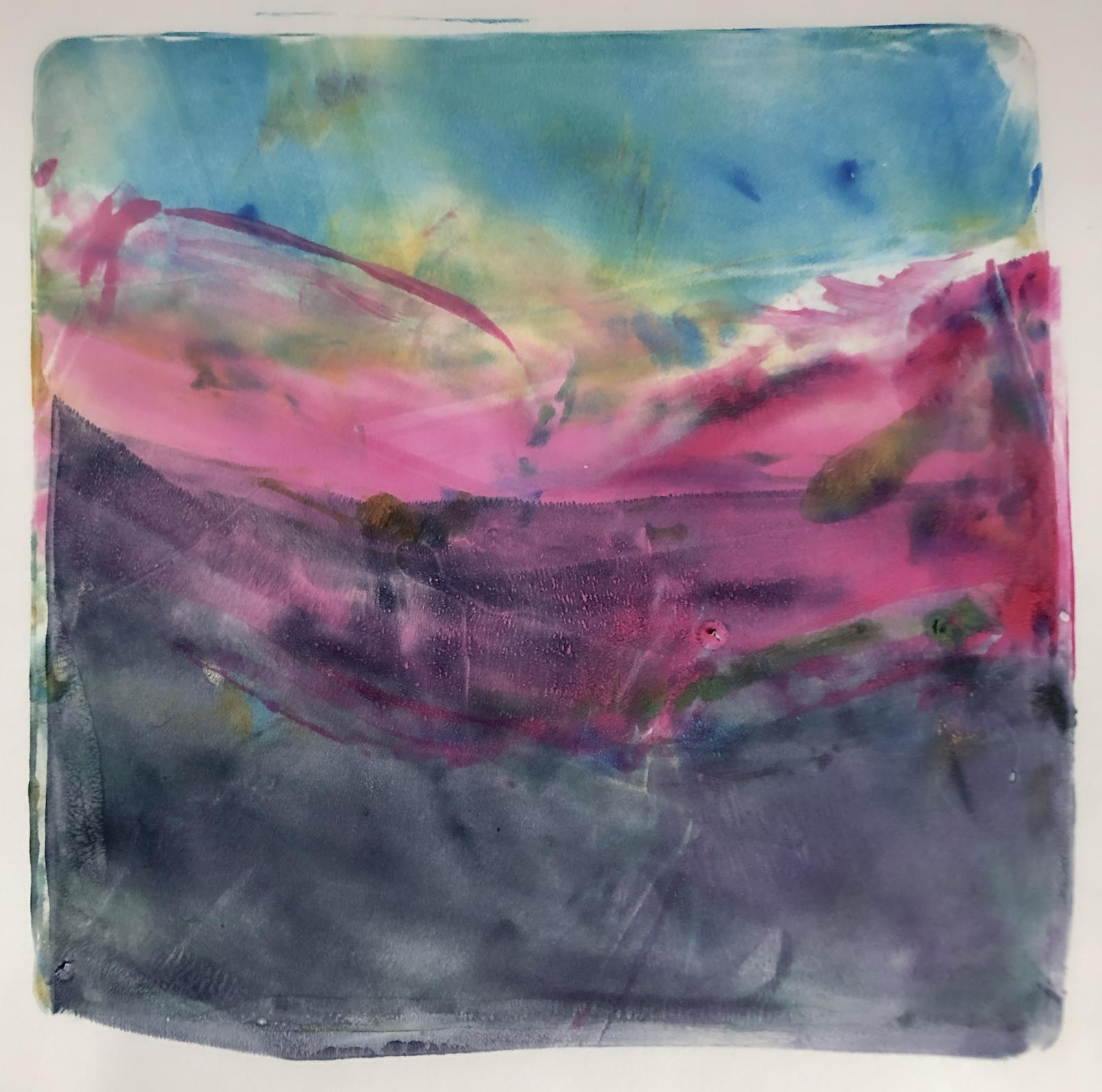 This monoprint is the first in the series of unsettled landscape images experimenting with technique and color.