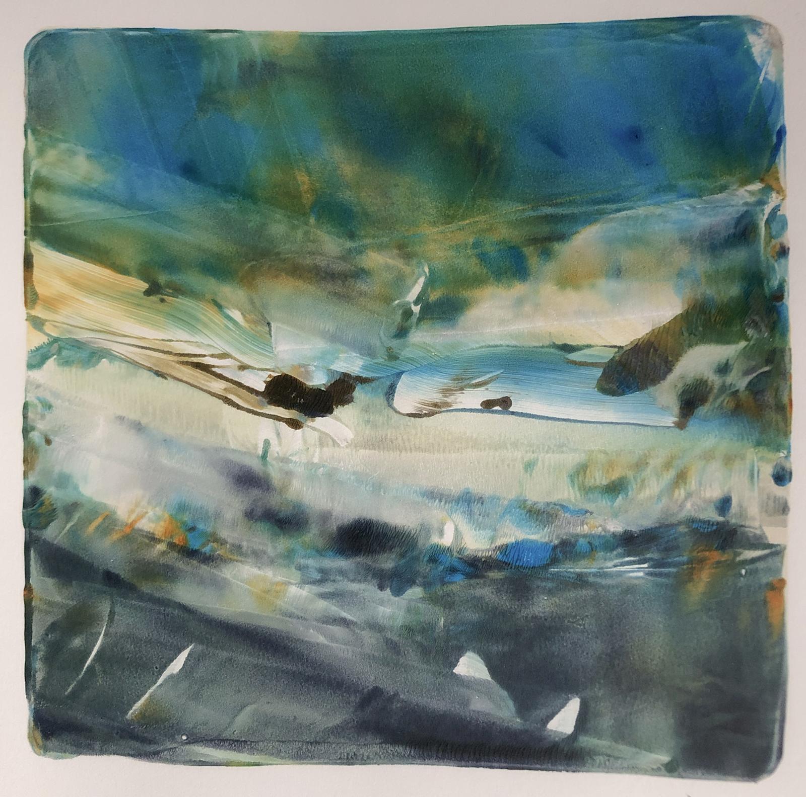 This monoprint is the second in the series of unsettled landscape images experimenting with technique and color.
