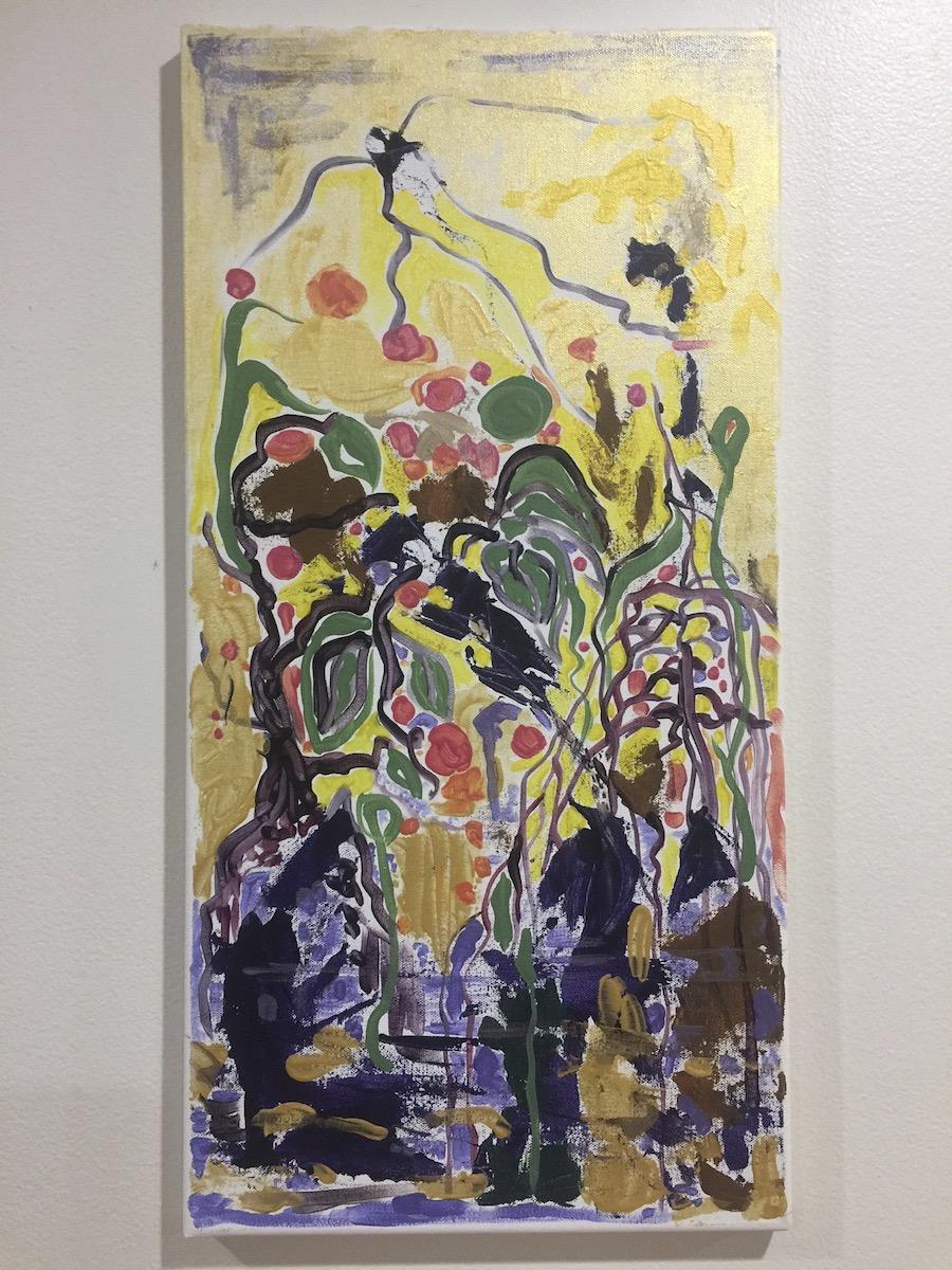 Abstract painting on canvas of water's edge with bird in flight