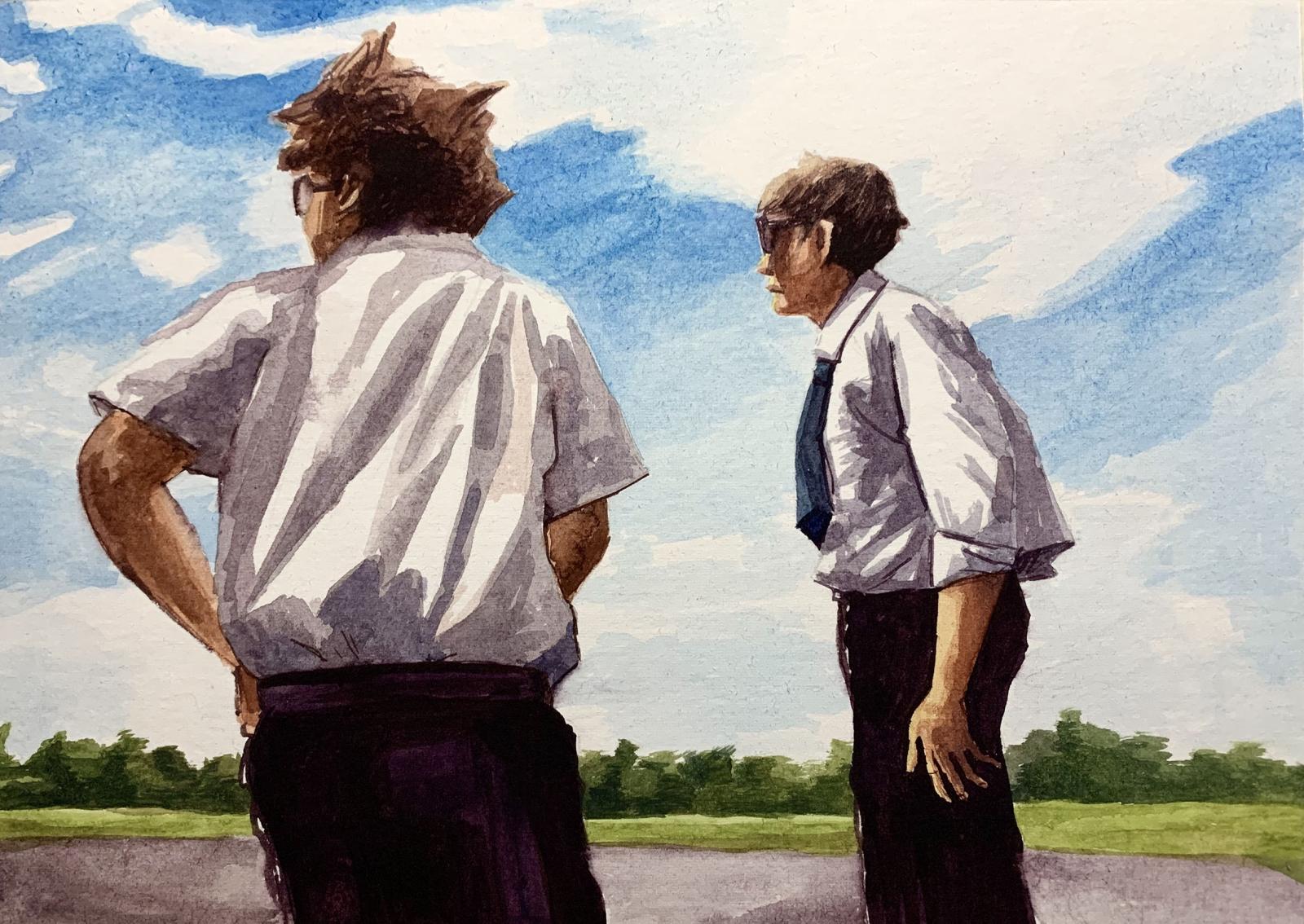 Two figures in a landscape focus on something out of view.