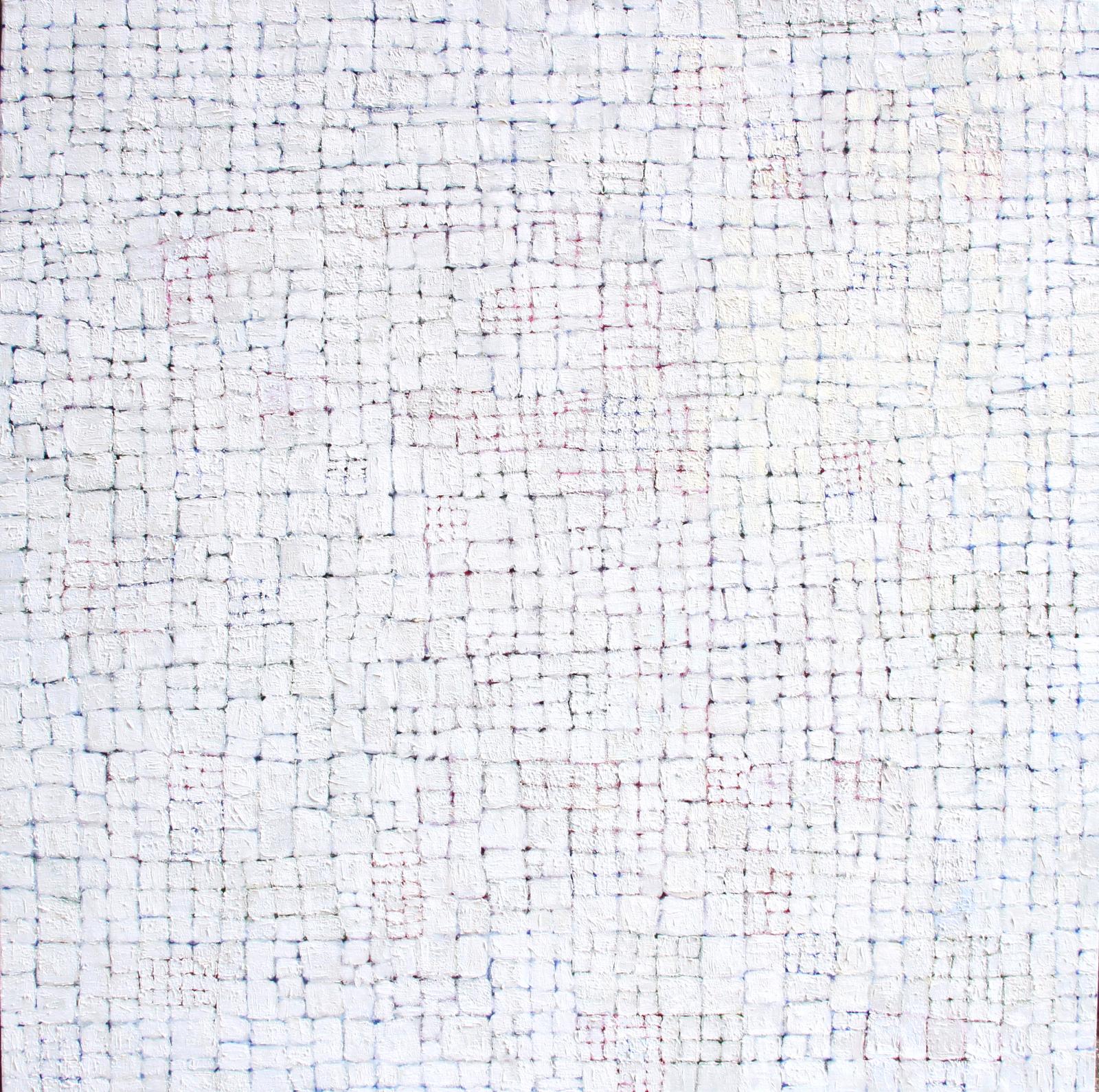 White painting with irregular grid of very small squares. Each square has many many layers of slightly different shades of white, so all squares are different.