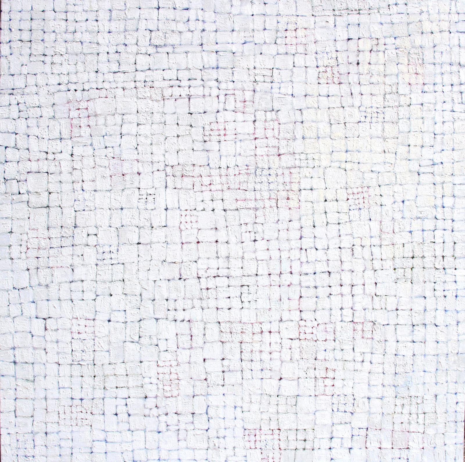 White painting with irregular grid of very small squares. Each square has many many layers of slightly different shades of white, so all squares are different.