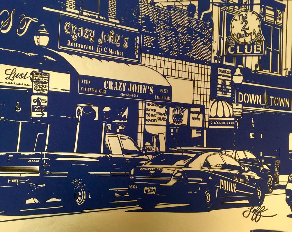 This piece is hand cut from a single sheet of black paper using an X-Acto knife and Excel blades.  It is based on a photo I took right here in Baltimore.