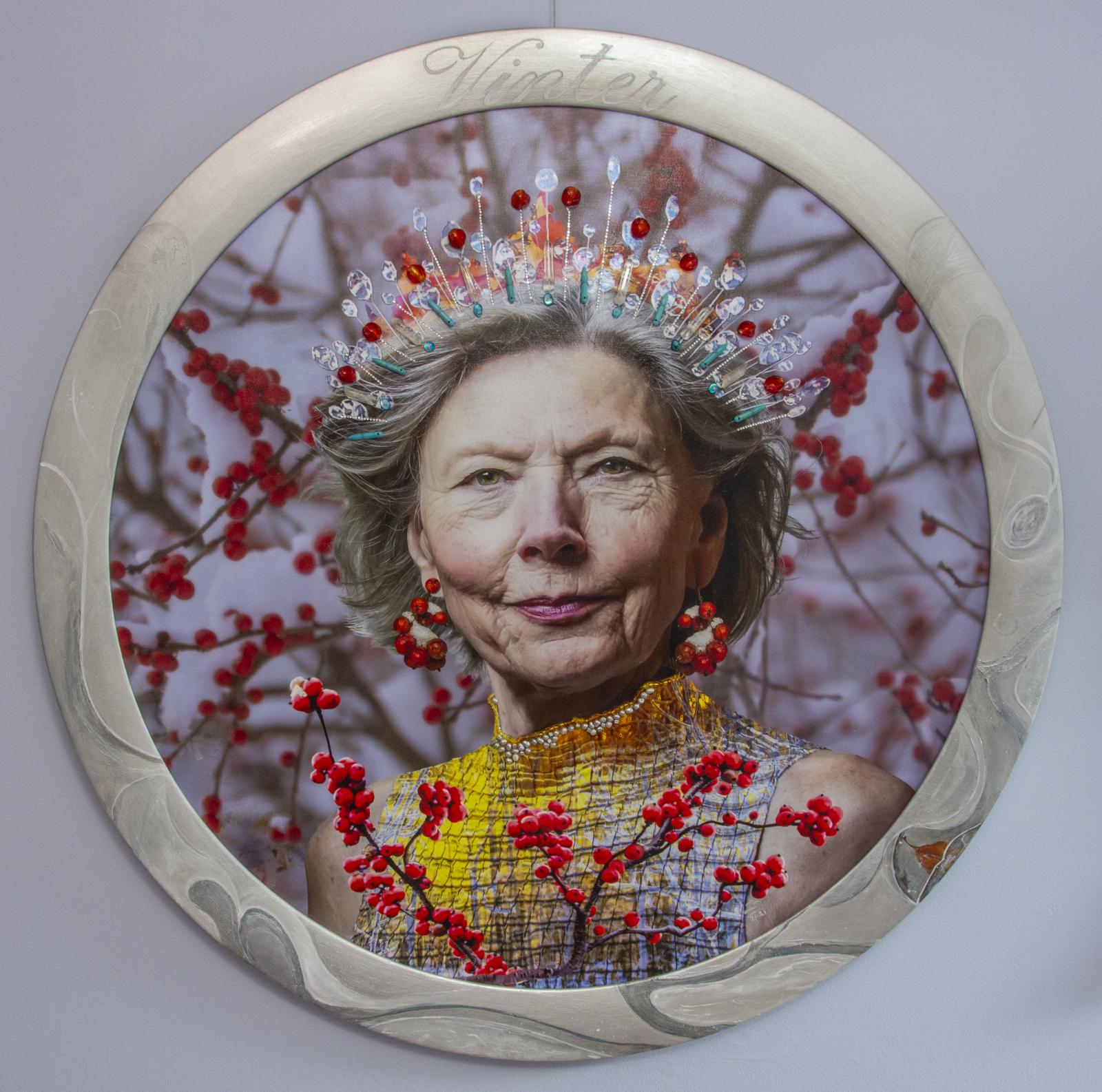 "Four Seasons" is a series that honors all women and our common mother the earth.
The paintings are digital collages of nature photographs taken over the last 20 years and portraits of women from around the world who personify the seasons, they can be thought of as Queens/Goddesses or Spirits. The circle is at the heart of this series and nature is at its center. The finished paintings are printed on canvas and finished with traditional handicrafts like embroidery, beads, and paint. The Custom-designed and painted frames are part of the work.
Going from an analog world to a digital creation and back again to a finished piece that is tactile and embraces the traditions of generations past is an important part of this work. The paintings showcase women of all ages from the maiden still unformed and searching for her power; the mother whose strength is the bounty of the earth to the grandmother who leads the tribe with her thoughtful advice.