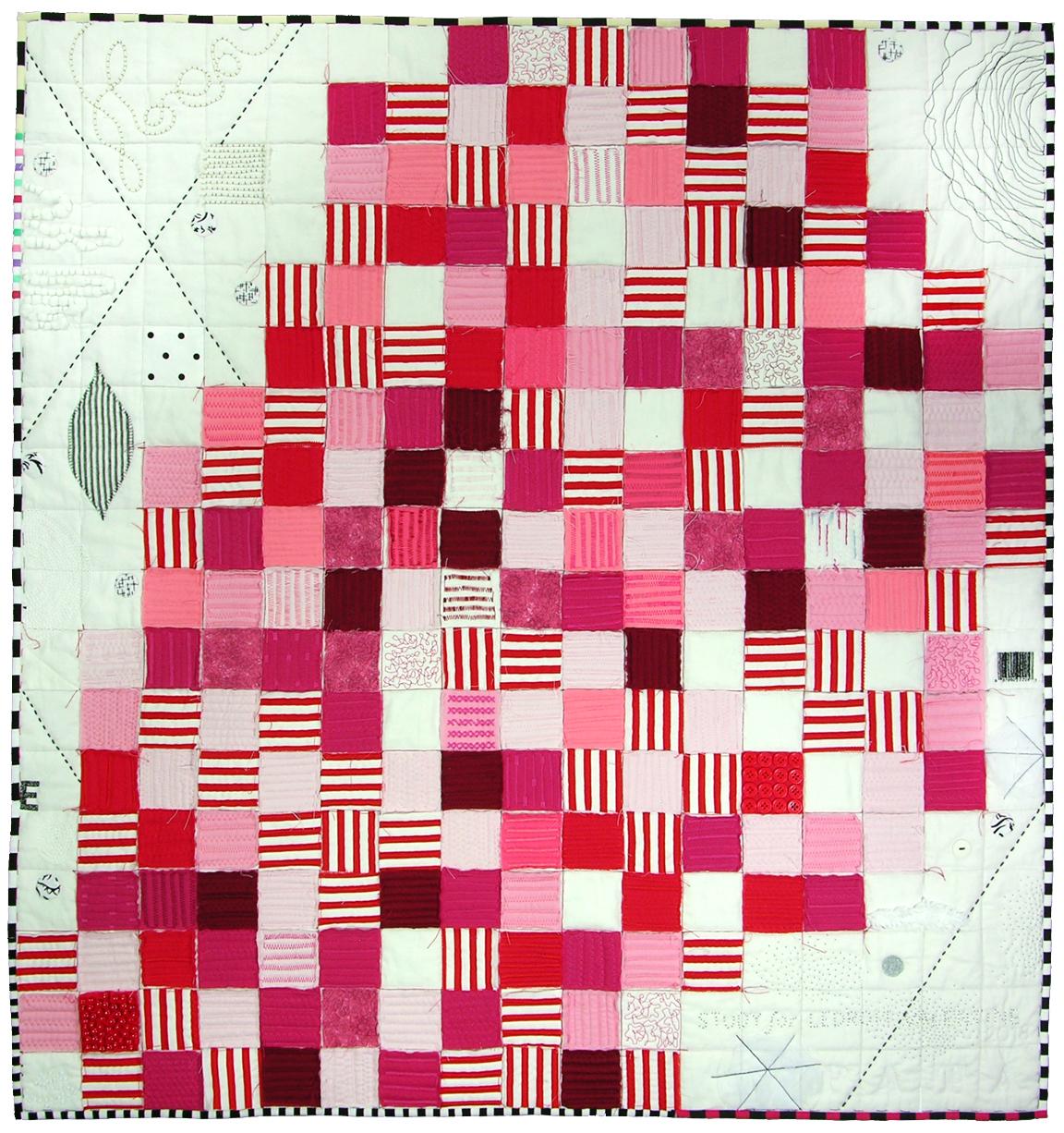Quilt study of a 1982 painting, LeDroit Valentine; beads, buttons, hand and machine embroidery, hand and machine quilting