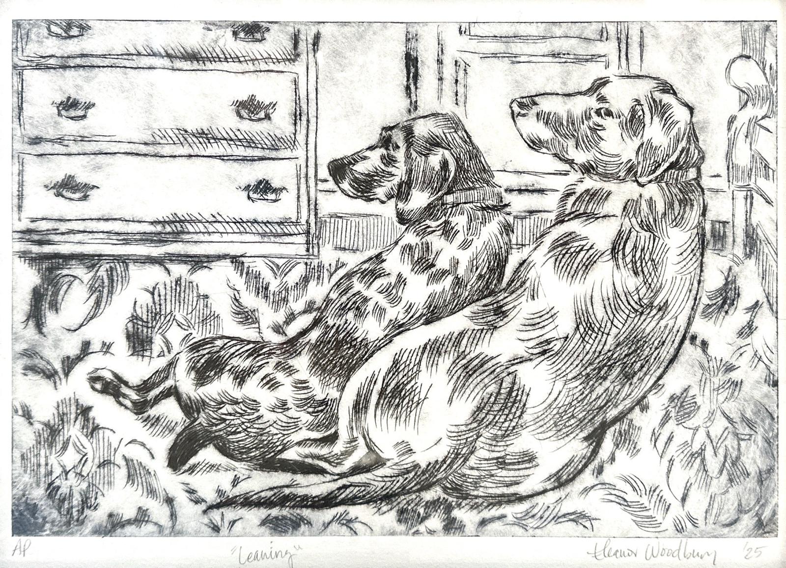 Drypoint print of two dogs leaning on each other. 