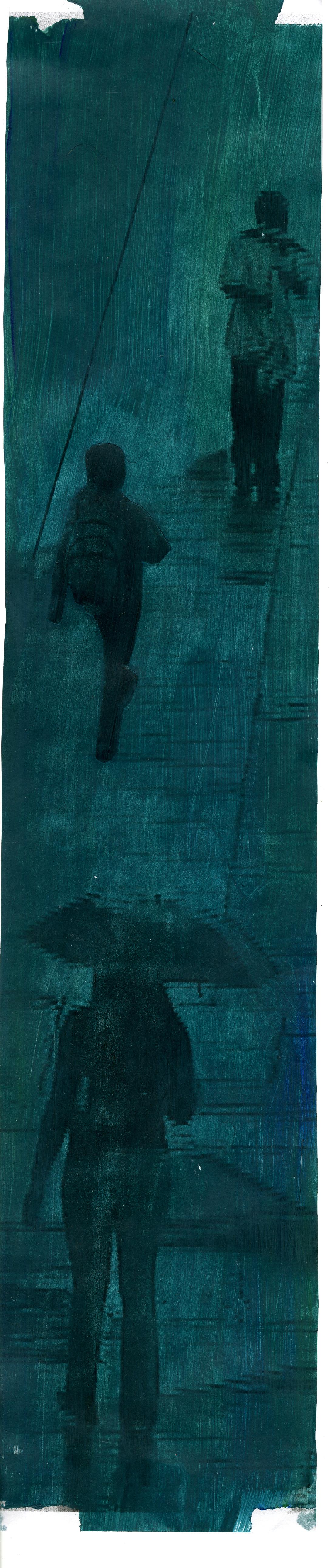 Series of 20 paintings on photocopies of snapshots and surveillance stills, scanned, and printed again, mimic the transition and departure of the subjects who leave behind physical traces and memory.