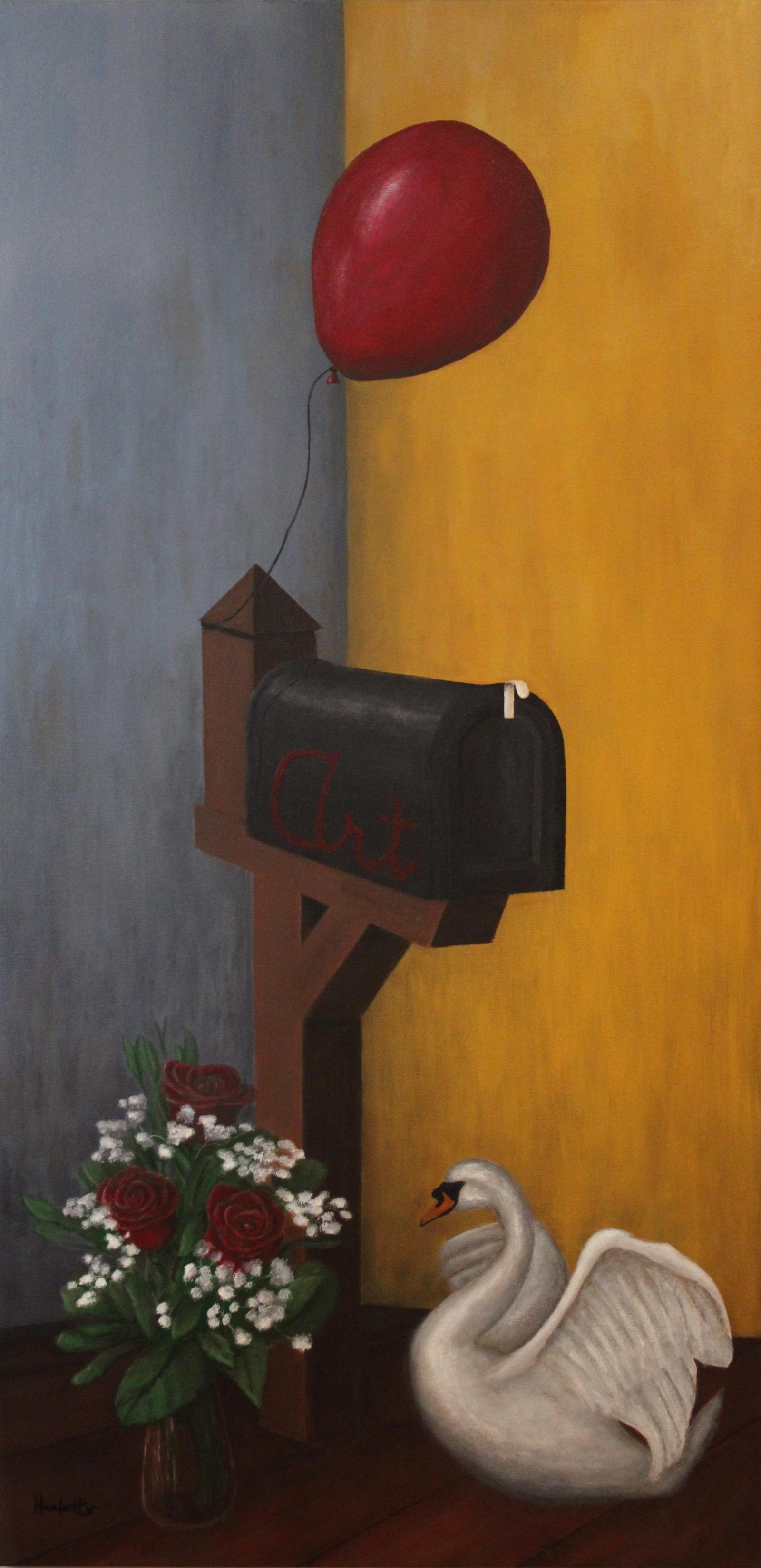 "Letters of Correspondence" belonging to A Series of Corners, is the latest addition to the series. This painting puts the viewers observation into question. A hidden subject theme and play on words is used, similar to "The Hat and The Hare." This painting consists of a vase of flowers, a swan, a balloon, and a mailbox with the word Art written on its side.