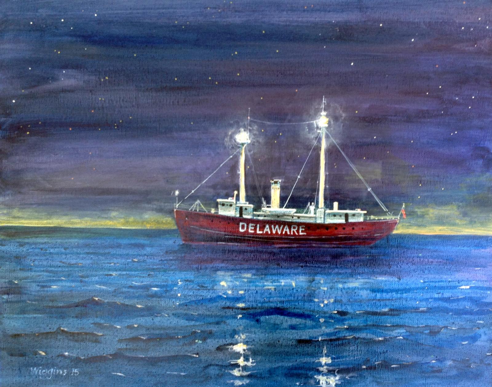 Painting of the Lightship Delaware at sea, at night.