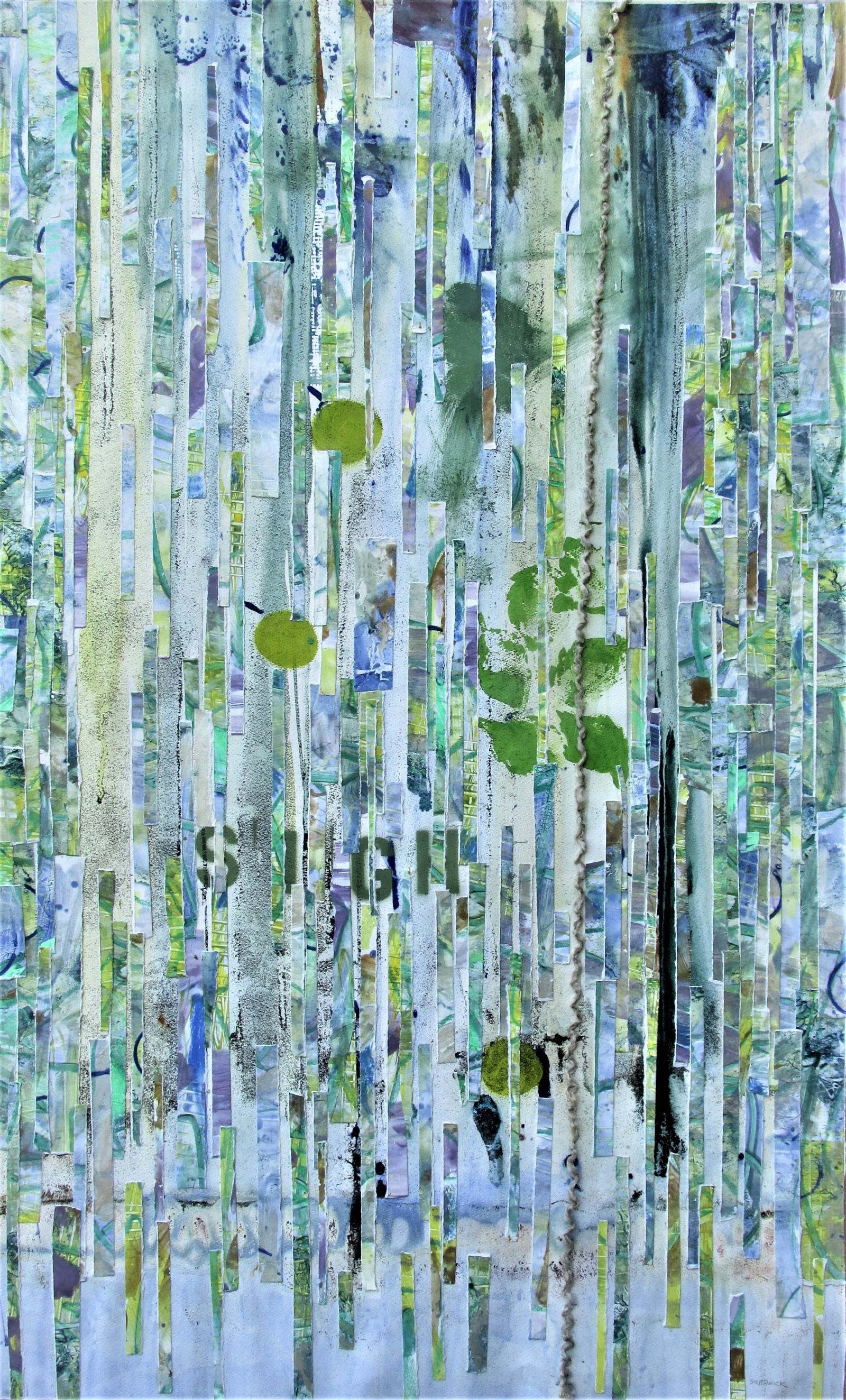 This collage of painted torn paper with a little stenciling gives the feeling of the light gentle rains that fall in spring when the trees are just leafing out with that particular green.  The verticality of the strips is what gives it a feeling of falling drops.