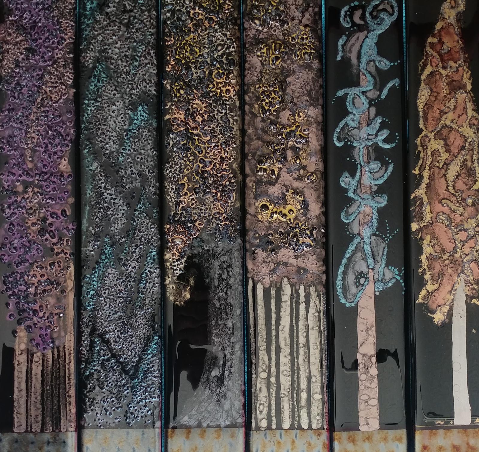 a set of six fused glass wall hangings, Lilac Forest, Treeline, Vermeil Tree, Vermeil Forest, Curly Tree, Aspen