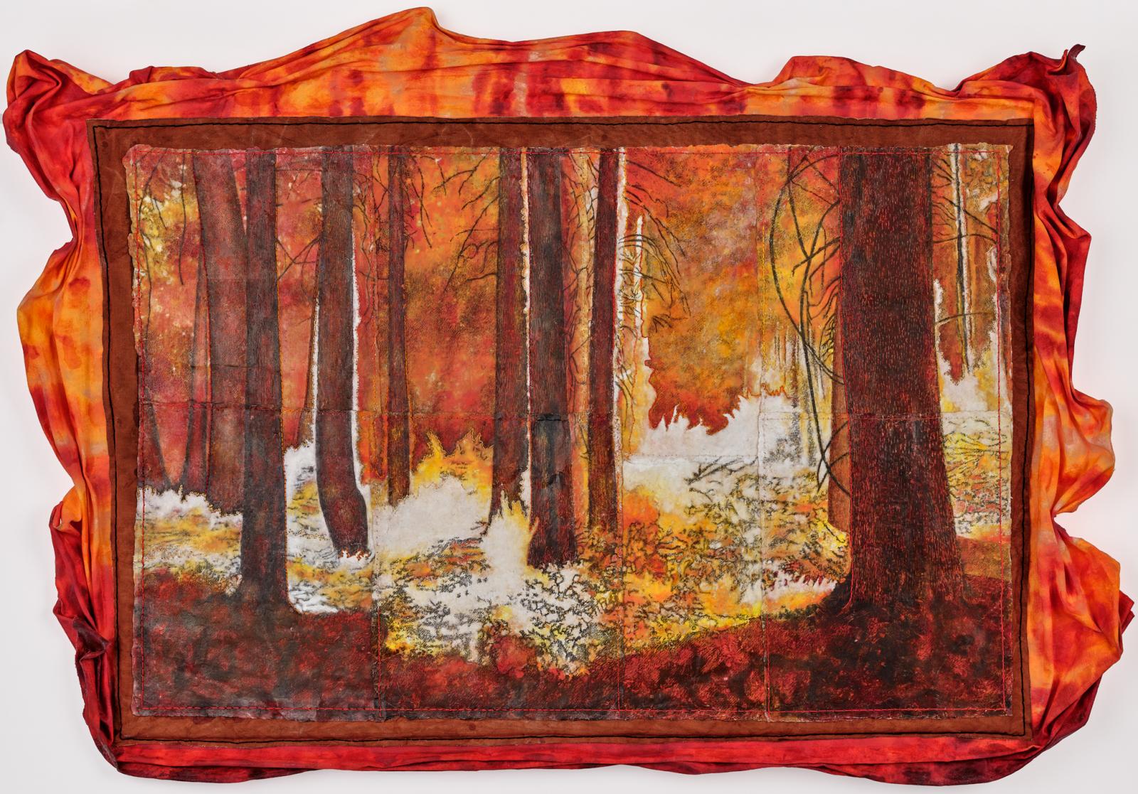The work in the Planet In Peril series reflects my concern with climate change. From ancient times, The Four Elements have been a way to structure and understand our environment. When The Four Elements, Earth, Air, Fire and Water, are in balance, our world is in balance. This is clearly not the case nowadays. The Planet In Peril series depicts what are now everyday occurrences: fire, flood, drought, hurricanes and tornadoes. I decided to make my portrayals of these catastrophes as beautiful as I could, and to also use unusual materials and techniques, so the viewer would be enticed into interacting with the work. I want the viewer to respond to the beauty and then recognize the destruction. In its own way, this series is a call to action.