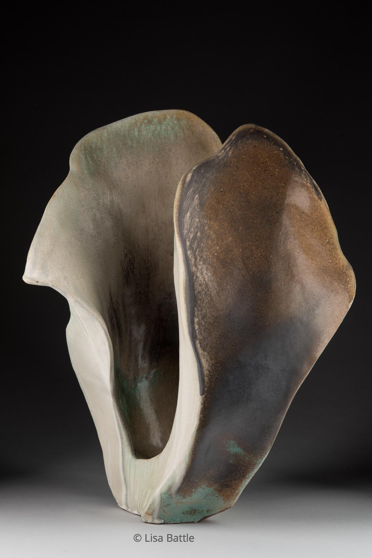Abstract ceramic sculpture, handbuilt from stoneware clay, sprayed glaze, wood fired to cone 10 in Noborigama kiln