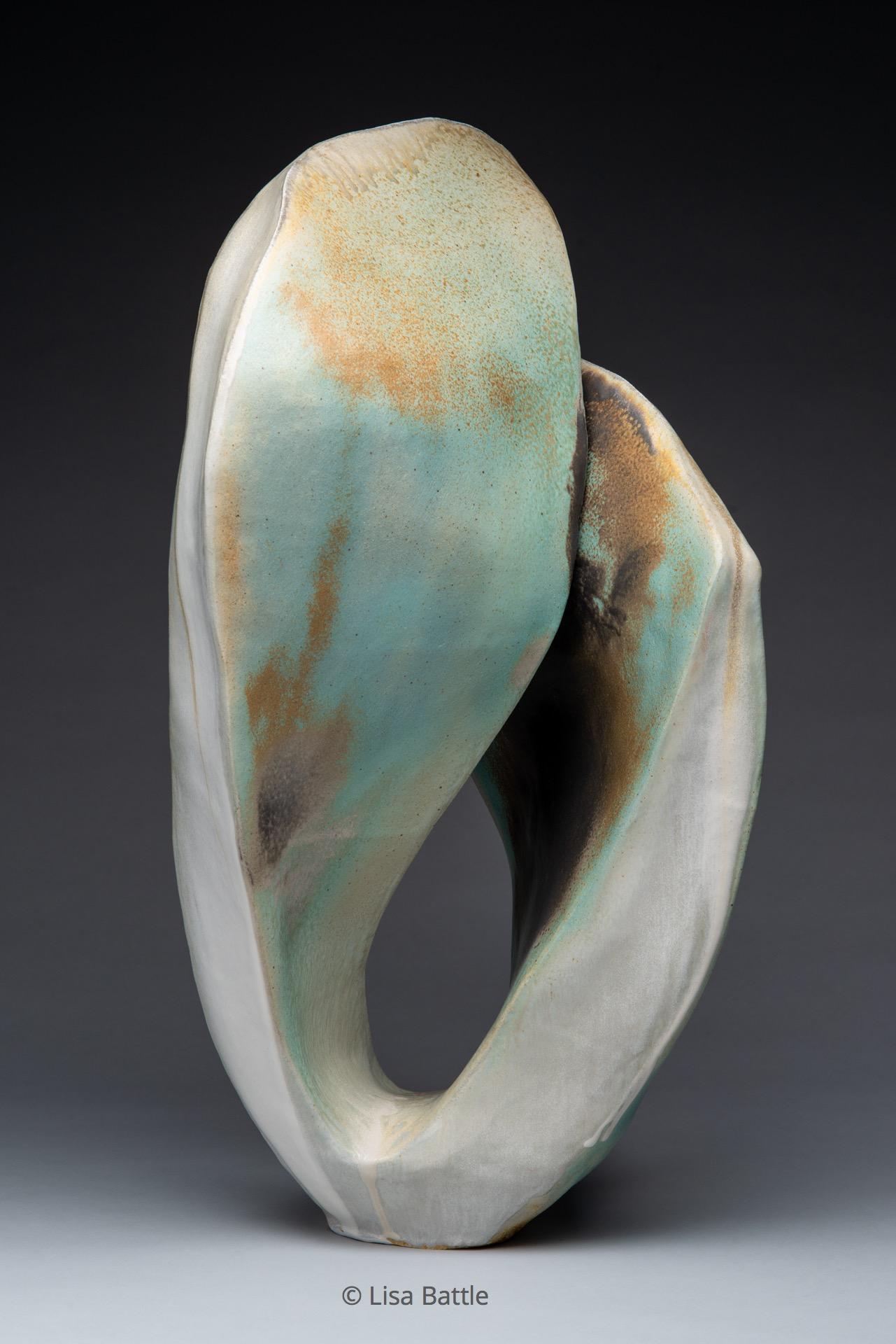 Abstract ceramic sculpture, handbuilt from stoneware clay, sprayed glaze, wood fired to cone 10 in Noborigama kiln