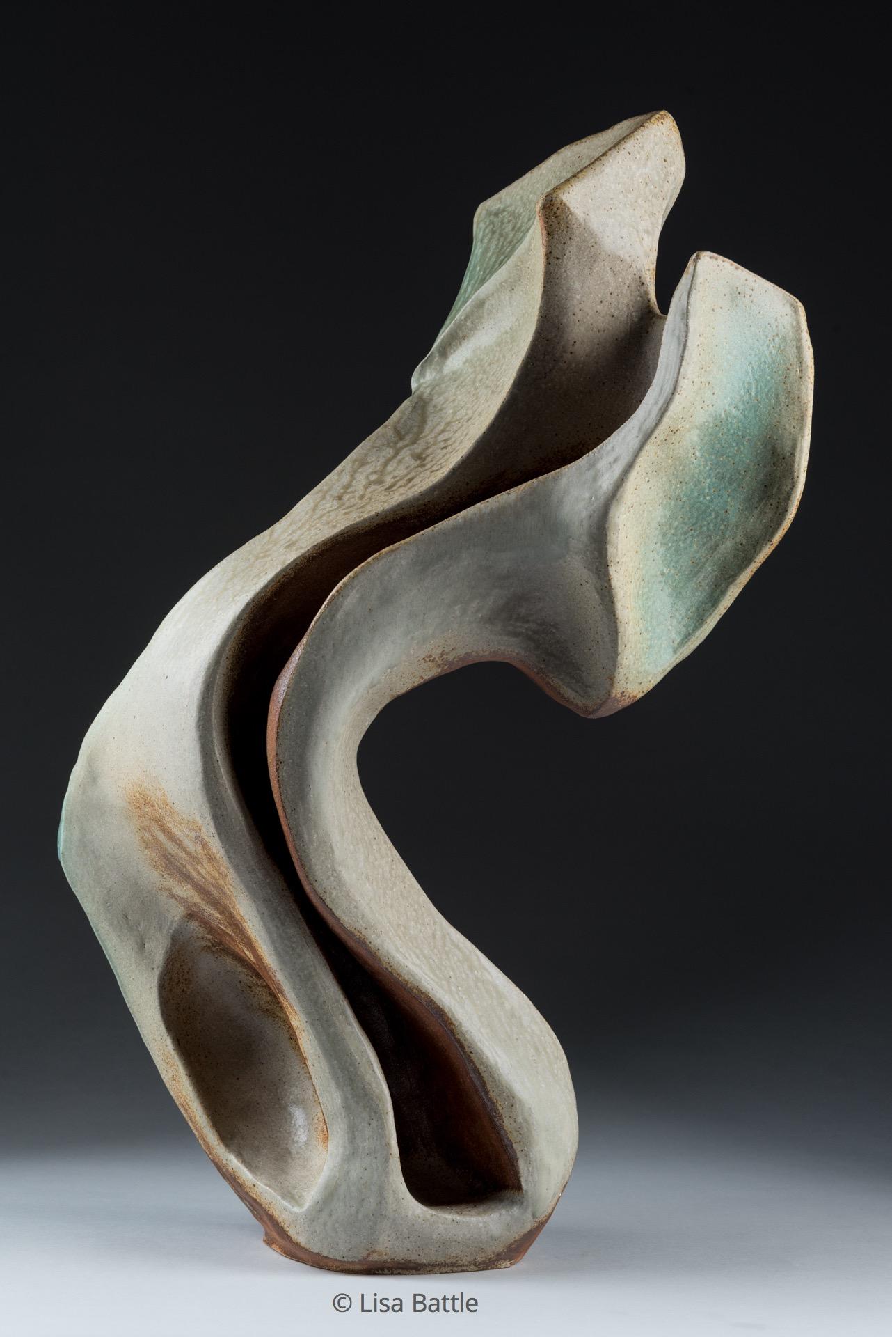 Abstract ceramic sculpture, handbuilt with stoneware clay, sprayed glaze, wood fired in Noborigama kiln.