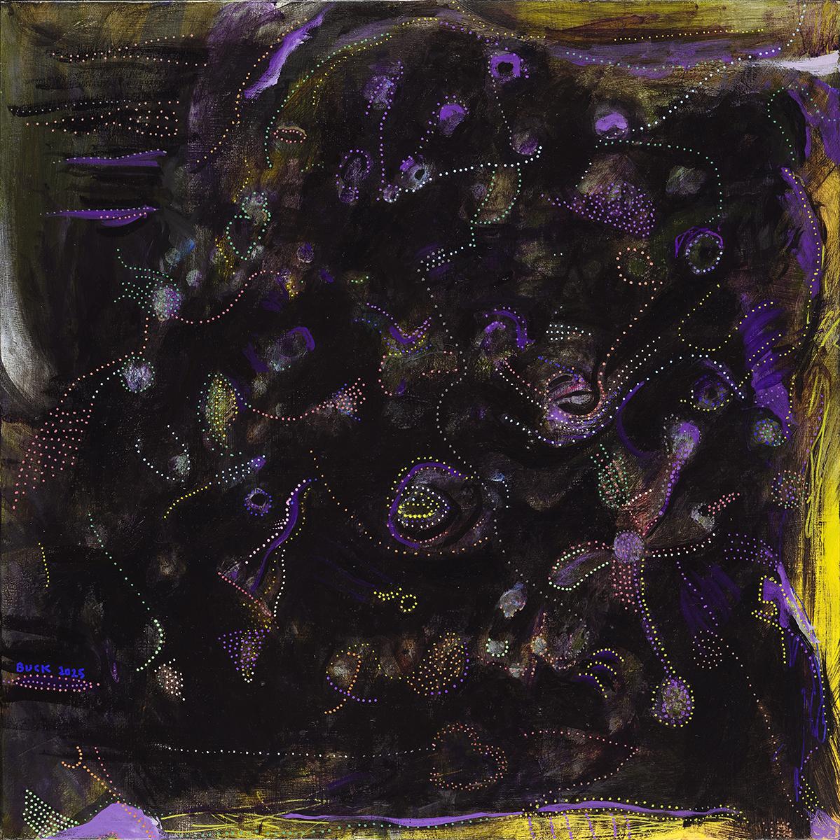 Little Galaxies evokes a deep, cosmic atmosphere;  a window into a mysterious, energetic vastness, layered with bits of ambient light and color. Midnight blue and violet flood the surface, punctuated by subtle particles, or comets in motion. The painting has an immersive sense of depth with luminous bits of color, exploring spatial depth, formation, and accumulation.

Rather than a literal universe, this is a study in scale.  A reminder that energy, space, pattern, and matter exist in both microscopically and cosmically. It is a reflective piece, grounded in observation, rhythm, and discovery.
