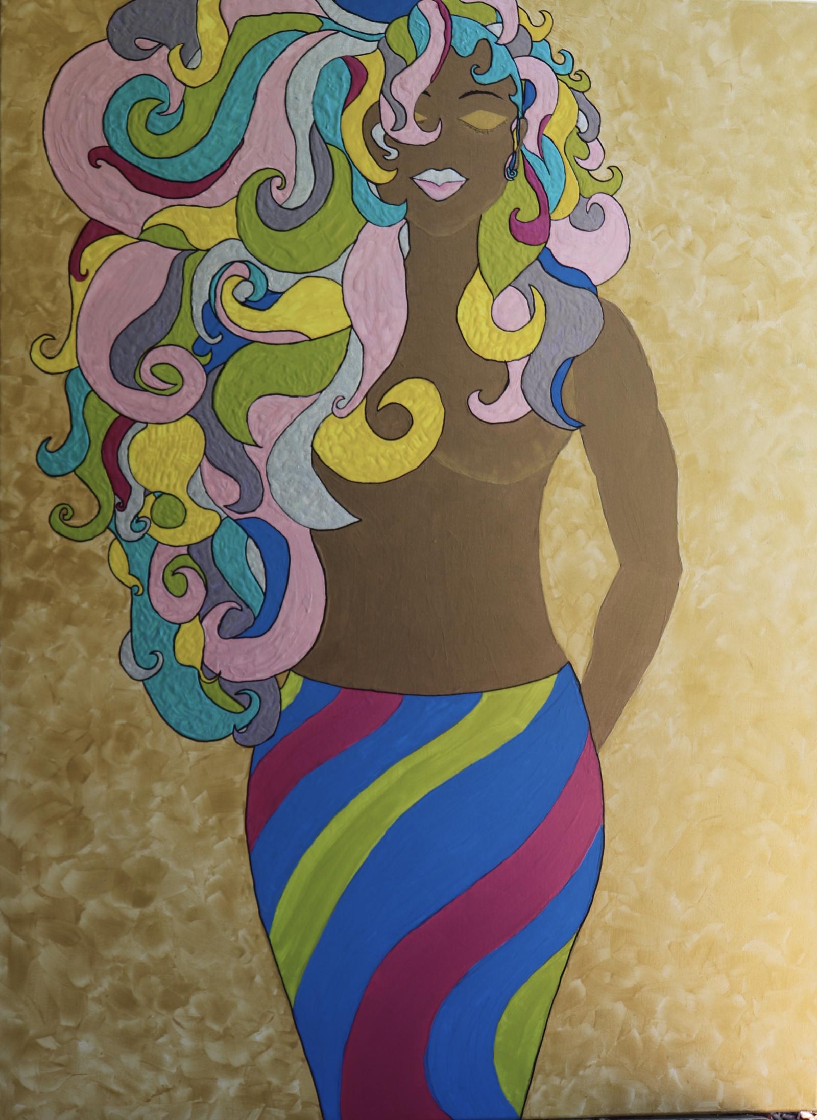 This is my mixed media artwork, “Lollipop Goddess”. It is made with ink and paint on canvas. This piece started out as a dream I had of bright colors and patterns, and it came out on the canvas, as most of my dreams do. To me, this work has several representations. Overall, one symbolic representation is the bright colors of the hair. It alludes to the fact that the differences in people, their ideas, and their origins, when approached with care, and mixed with good measure and loving intention, can still be recognized for their individuality, yet still come together to create great symphony and beauty. The goddess’s curls in her hair are another symbolic gesture which represents cooperation and learning about each other and how to have symbiotic relationships and common cause or purpose to create the greatest things.
 The woman’s body is nude, and painted in a bronze metallic, which represents indigenous ancestry upon Earth, the golden edges of the body represents the radiant glow of my ancestors, and the beauty of everything that has come after. It also represents that we cannot forget the ancestors, and, that tied into that sense of respect and reverence, lies all future possibility of the brightness of the collective human spirit. I hope it evokes happy thoughts and makes an emotional impact!!
