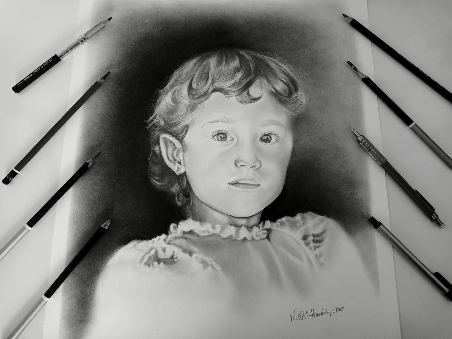 I drew Lorie as a baby to keep a memory of her. Lorie is a grown woman now, she represents strength and courage. Lorie is a Covid 19 survivor.