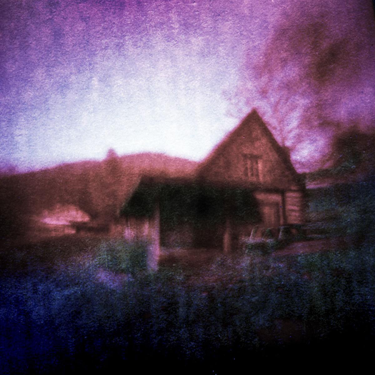 Lumen Box camera using Ilford B&W paper for negative, scanned and corrected with image transfer to painting on plaster.