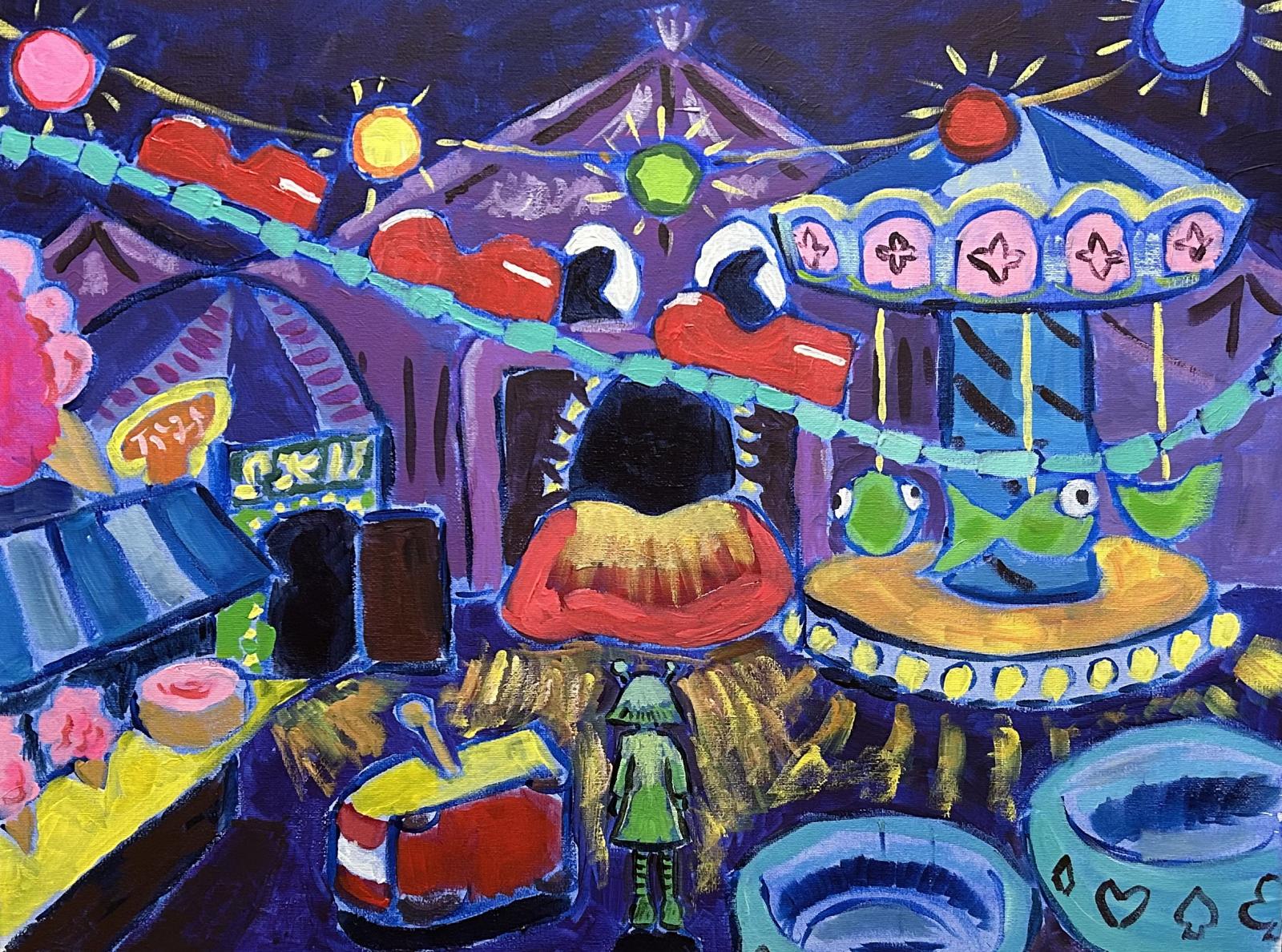 A painting of a strange, abandoned amusement park at night. A lone girl glowing in green stands in front of an ominous funhouse doorway. Around her the carnival rides continue to run and bathe the park in colorful light.