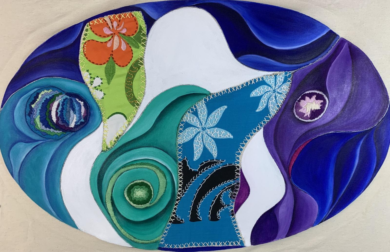 Mixed media (acrylic, ink, and fiber work)