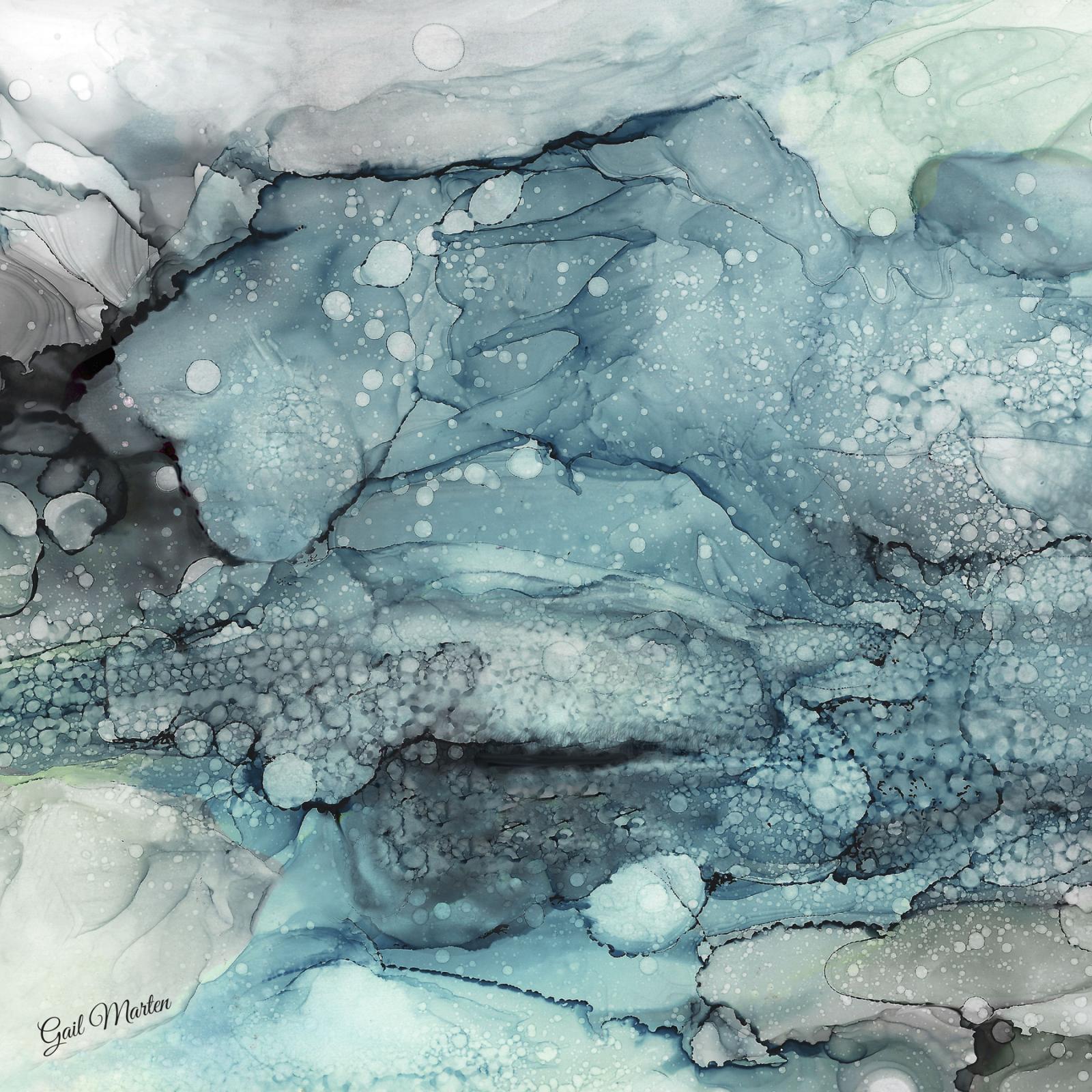 Expressive ink depiction of underwater scene, mostly blues.