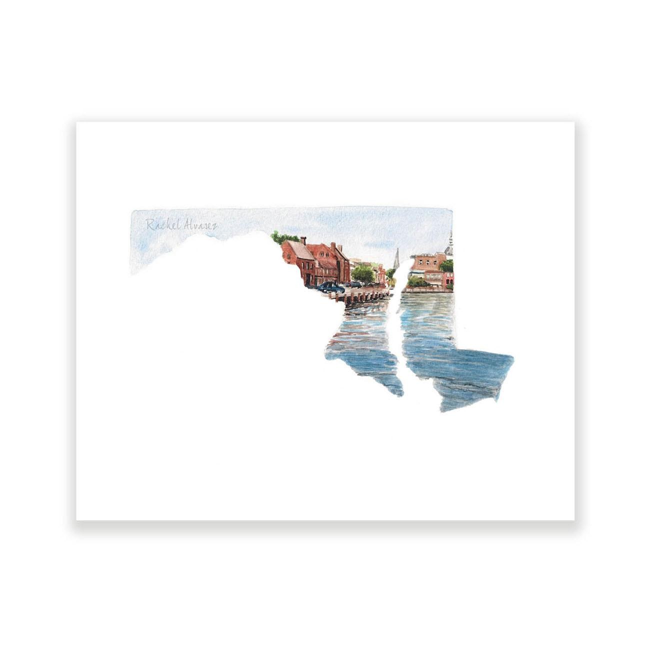 This beautiful Maryland print is of an original watercolor painting. It is a perfect gift for anyone who loves to travel, has been to Maryland or has been stationed there in the military. The beauty of the Maryland landscape is quite unique. In fact, since I live there, I couldn't paint just one. There are other versions of this painting in my shop to show various parts of my home state-one with mountains, beaches and bays. (I have put other images in this listing as examples, but if you purchase this listing you will receive the Annapolis scene) I LOVE Maryland so much that I am usually getting lost with my family on a back country road most weekends!

This Maryland Painting/Maryland Print is part of a very large series of paintings of each of the 50 states, including some of the major cities from each. If you'd like to see some of the other pieces in this state painting collection, or request a custom piece just for you, please visit the rest of my shop:
www.rachelalvarezart.com

This piece will be shipped via usps with tracking in a sturdy white mailer.
Thanks for looking!