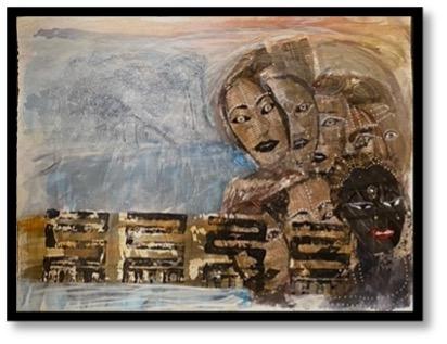 Migration is a continual theme for several of my paintings/drawings and multimedia. This composition has symbols representing diverse cultures. The composition includes recycled paper and other found media.