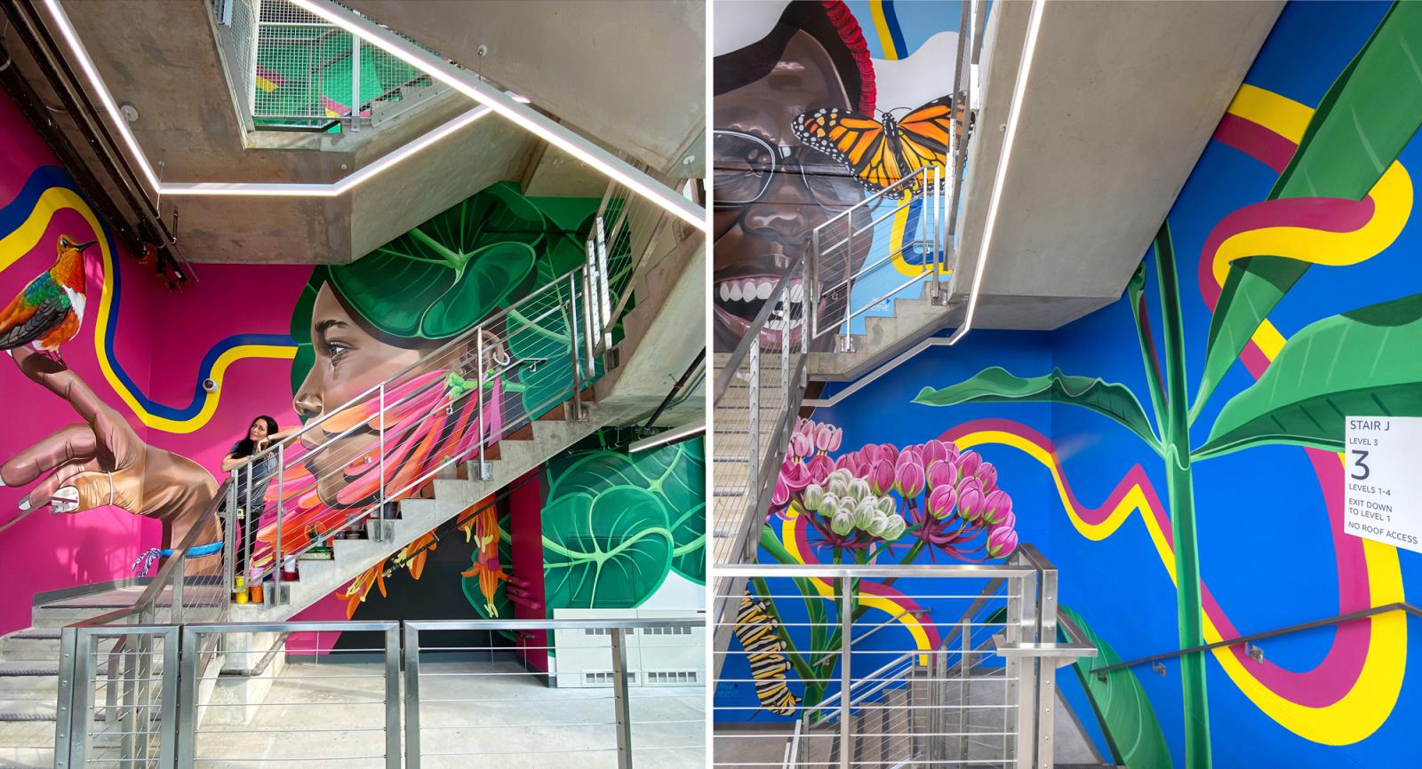 “Pollinator’s Promise” is a 2600 SQ FT 4-level interior mural installation located within Stair J inside the Metropolitan Park building 7/8 building on Amazon’s HQ2 campus in National Landing (Crystal City) in Northern VA, 1450 S Eads St, Arlington VA 22202. This installation was painted in summer 2023 via indirect commission through Indie Walls (Brooklyn NY). 

The Concept: Because of its nearby proximity, the narrative for this concept is inspired by the Potomac river and its surrounding wetlands, which are fertile grounds for the plants and flowers that pollinator insects and birds depend on for survival. Pollinators are critical for the world’s biodiversity - nearly 90% of wild plants and 75% of leading global crops depend on insect and animal pollination.

With this narrative, we explore how our personal power, health, and well-being are strengthened when we stay in tune with, respect, and cultivate a personal relationship with our natural surroundings. This custom artwork features:
* A focus on the connection between natural architecture, such as naturally occurring structures and organisms, and human-made design. 
* Bold patterns created by natural structures, vibrant colors, and oversized imagery create a macro-style view of our natural world. 
* Human faces and bodies, both whole and partially obstructed, features, or hands. 
