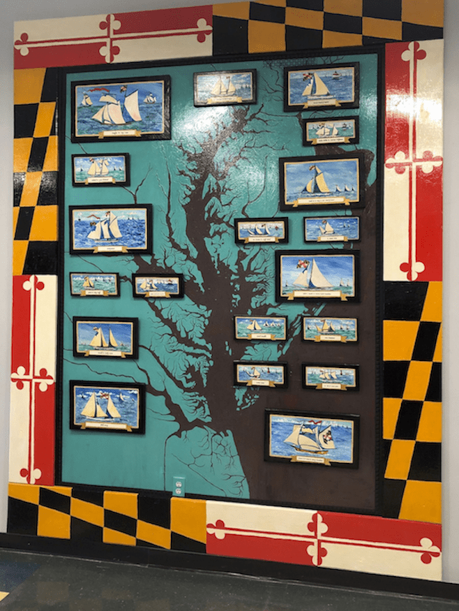 This mural was created for Radcliffe Creek School in Chestertown. The 8' x 10' painting has 34 smaller paintings of Chesapeake vernacular workboats affix to the larger painting. The artwork was created to honor donors to the nonprofit's operational fund. The painting also acts as an instructional tool for the school's Chesapeake Environmental Studies program.